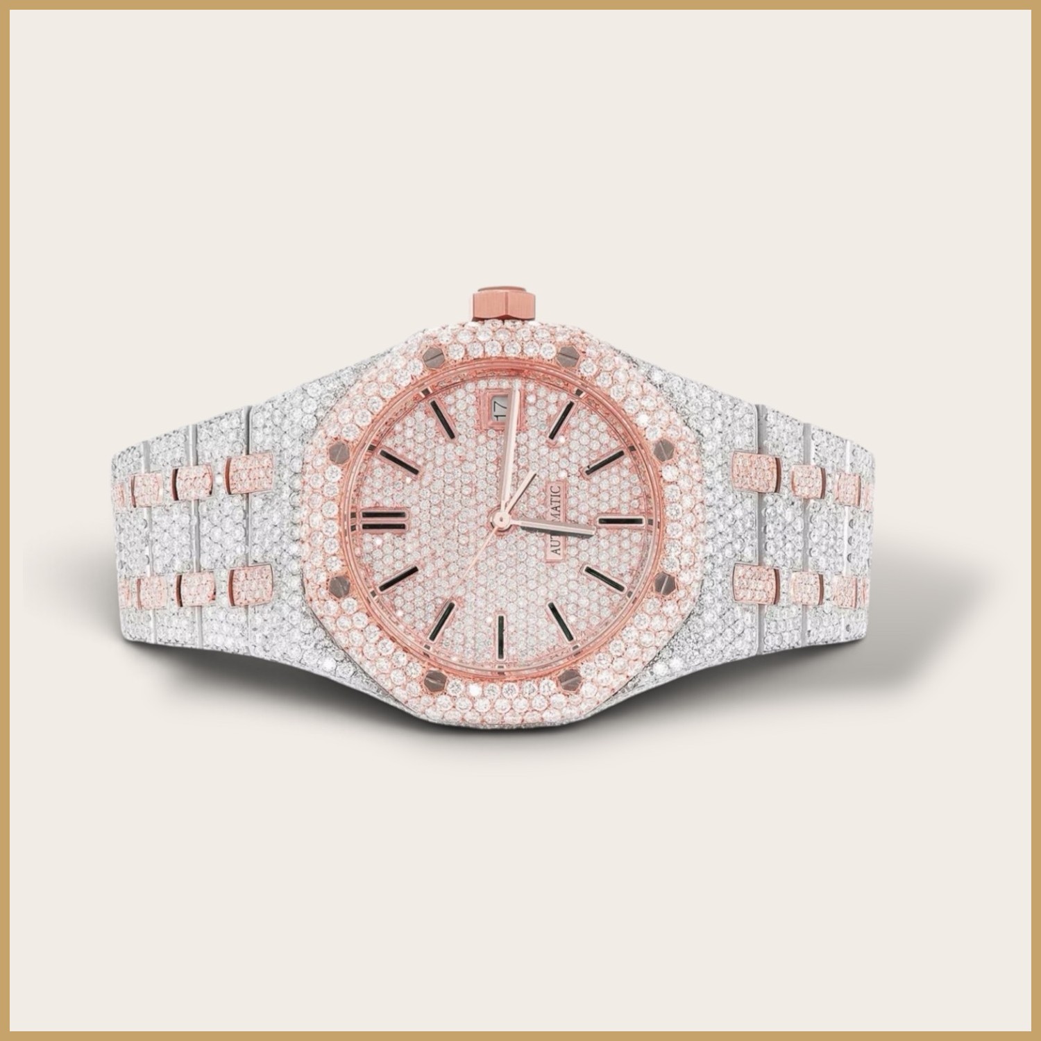 Rose gold tone octagon watch with a pavé dial