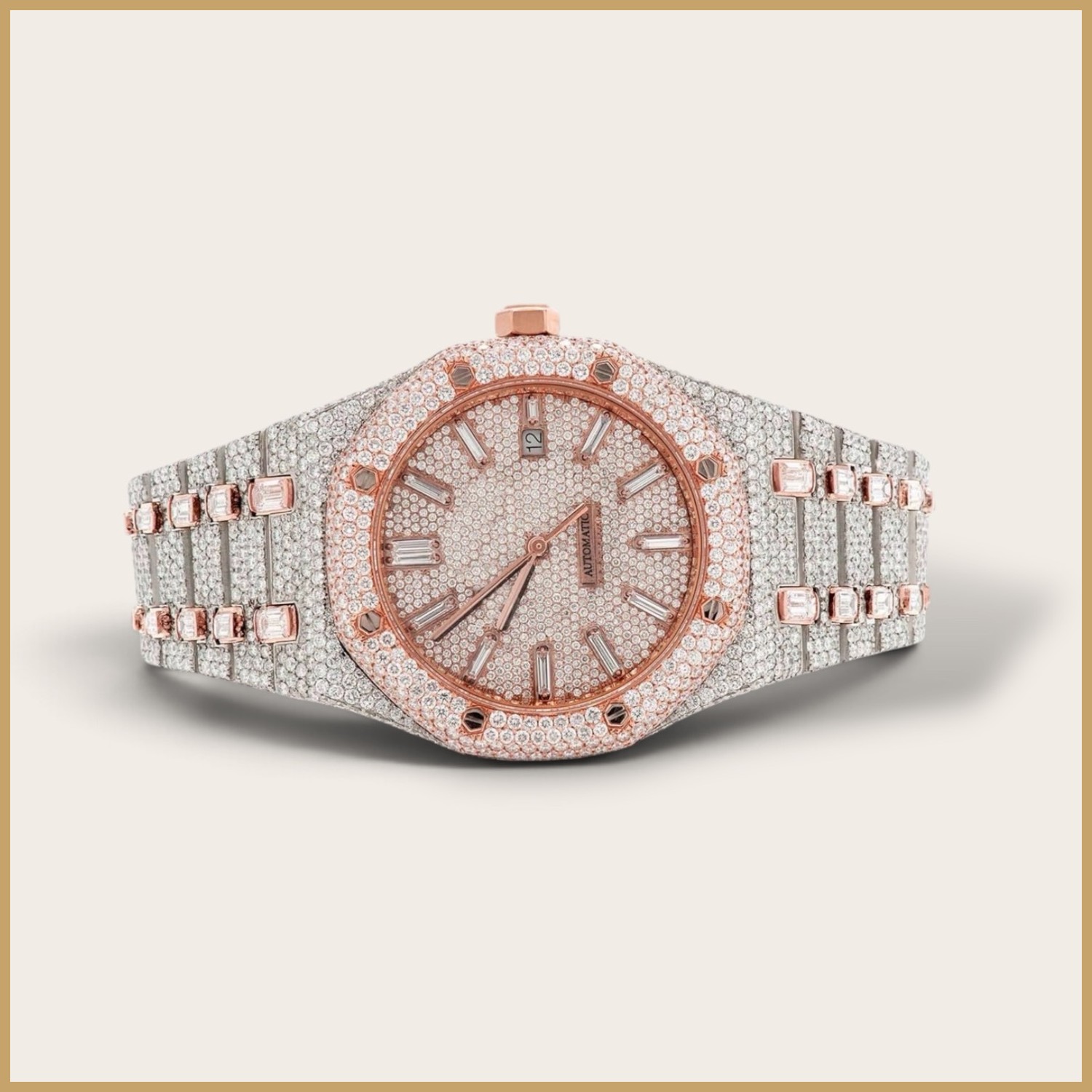 Rose gold tone octagon watch with baguette hour markers