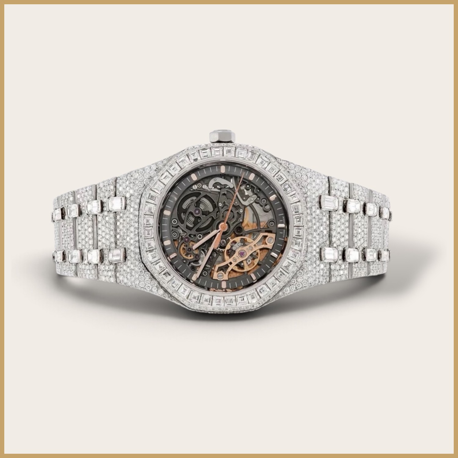 Silver skeleton watch with a baguette bezel