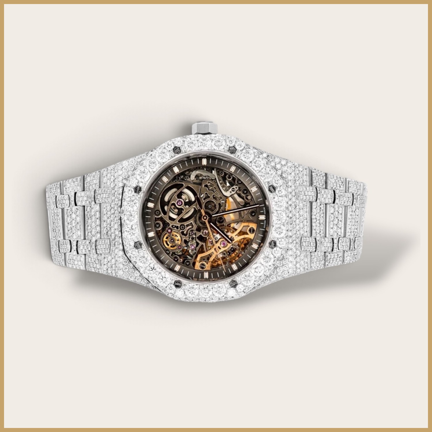 Silver octagon skeleton watch with a pavé bezel