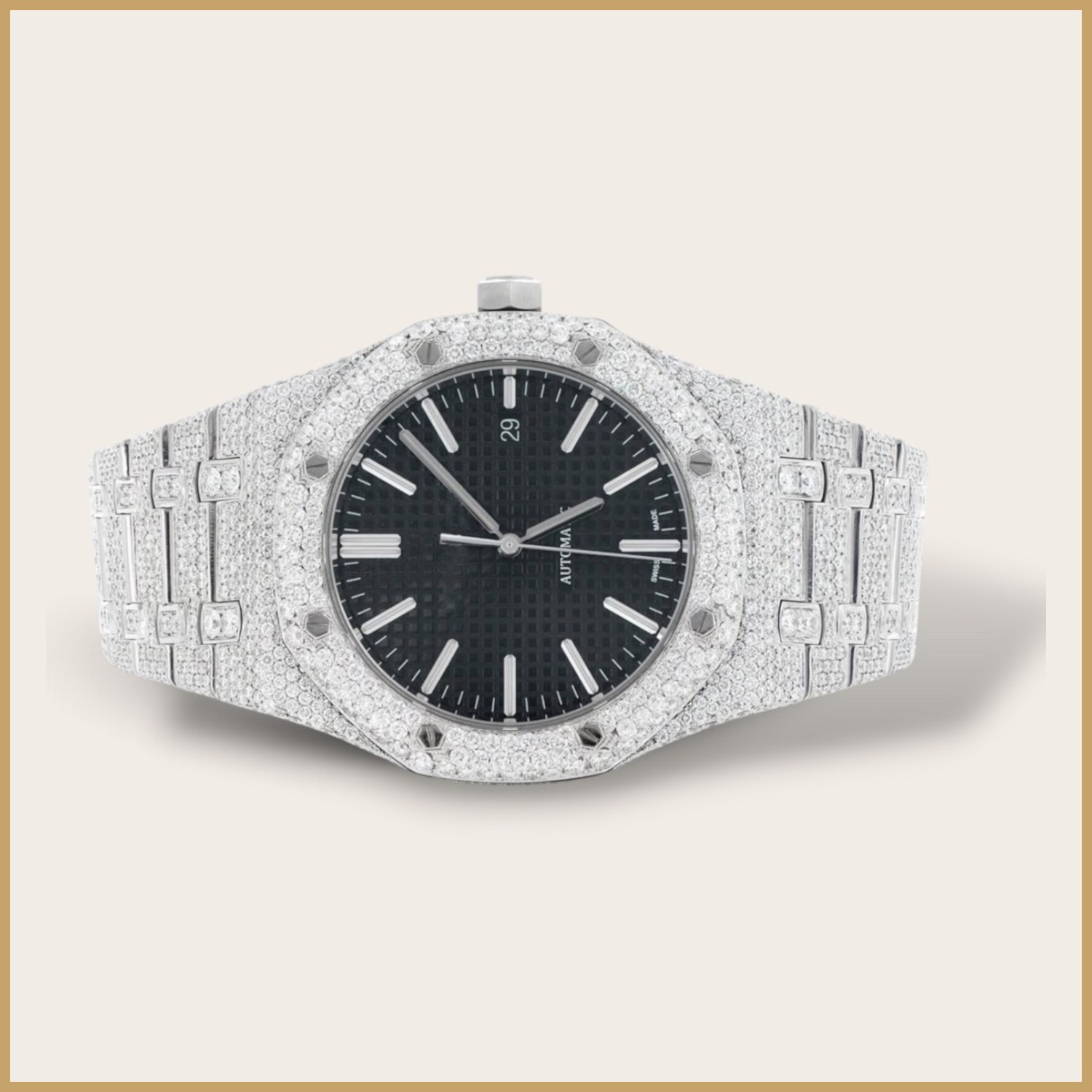 Silver octagon watch with a black dial