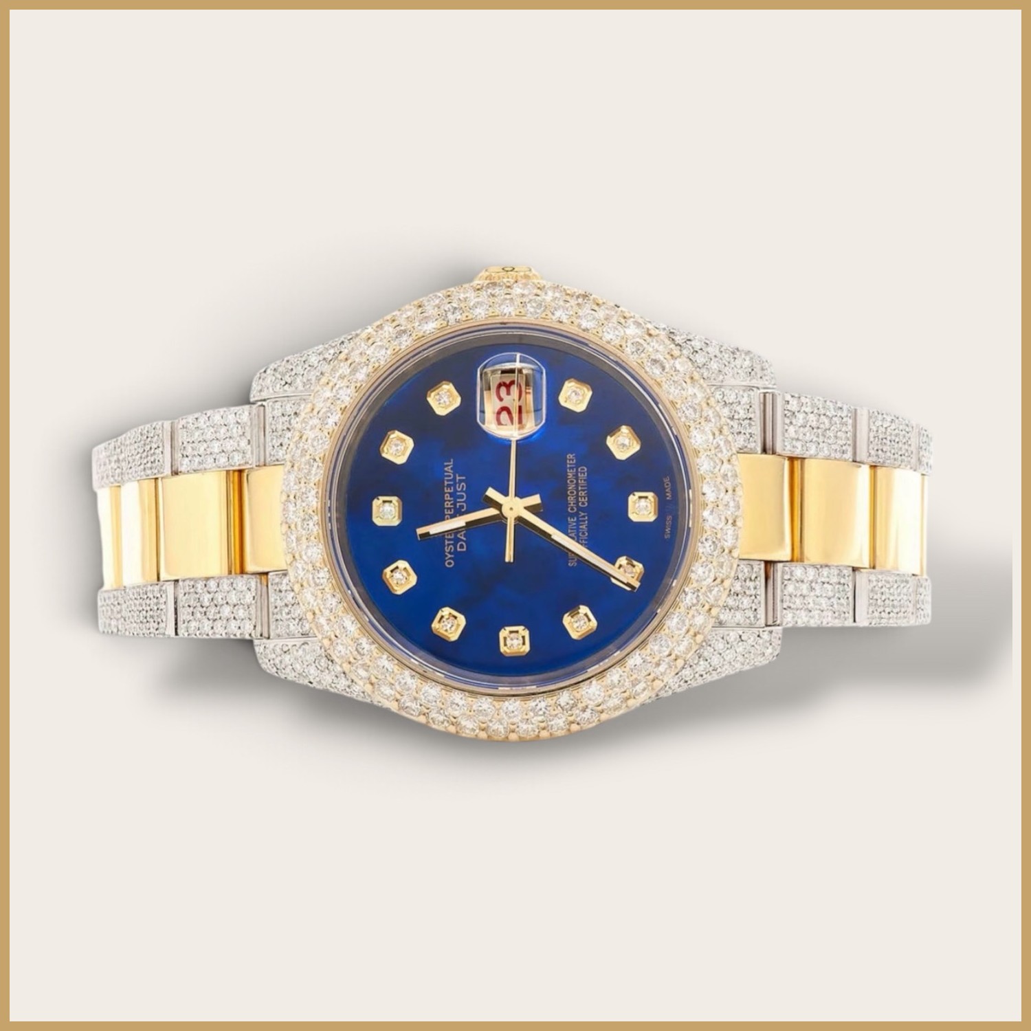 Two-tone Datejust watch with a blue dial and a fully set bracelet