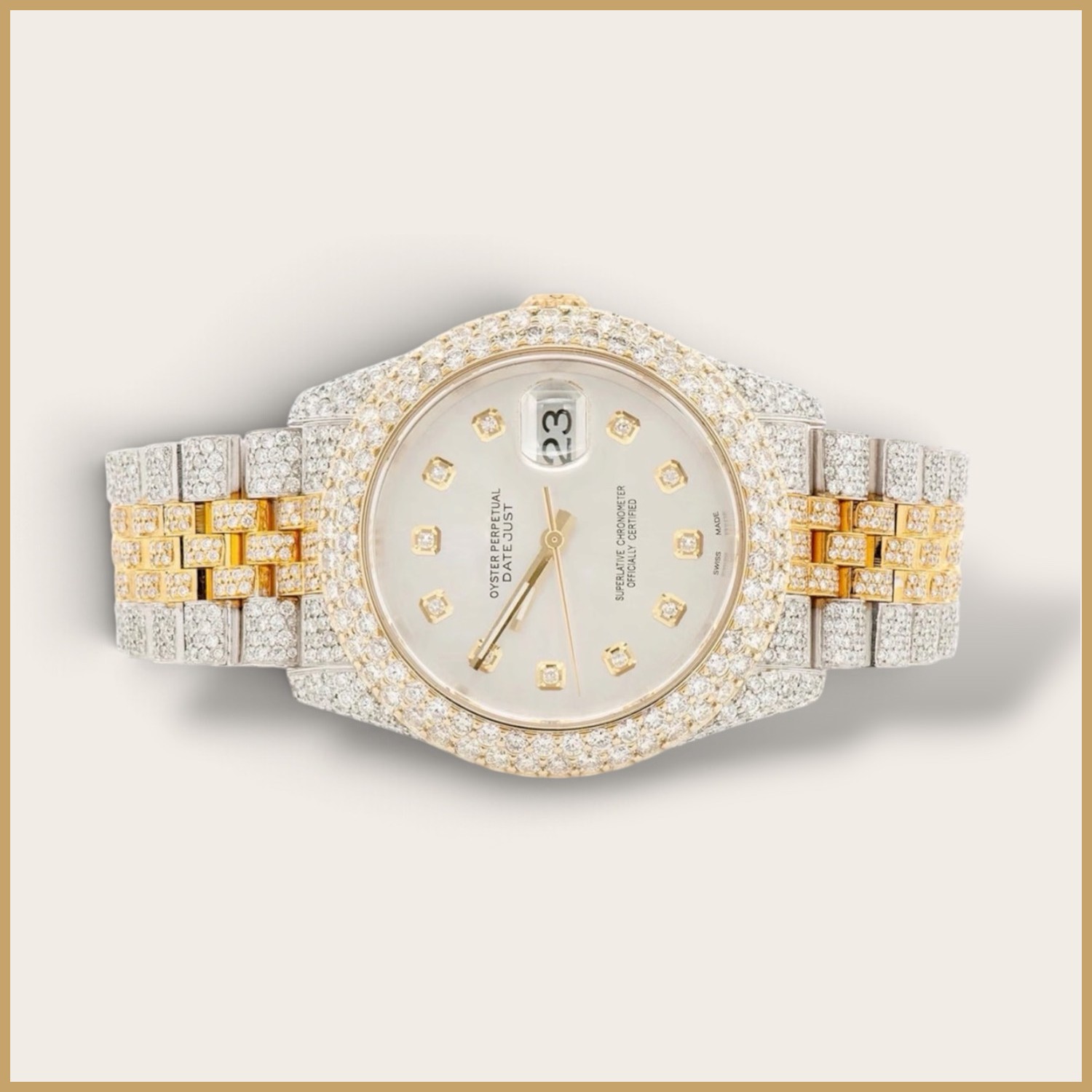 Two-tone Datejust watch with a white dial and a fully set bracelet