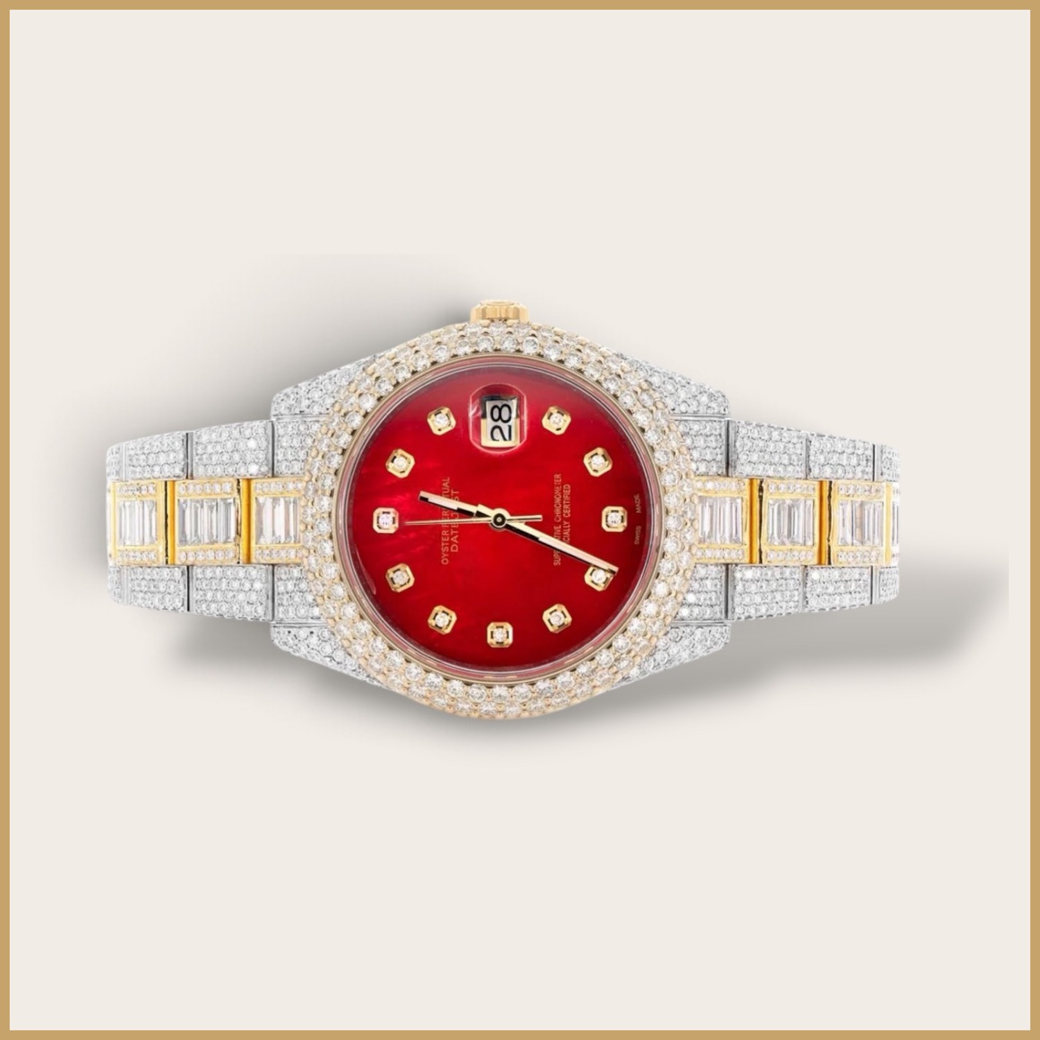 Two-tone Datejust watch with a red dial and baguette links