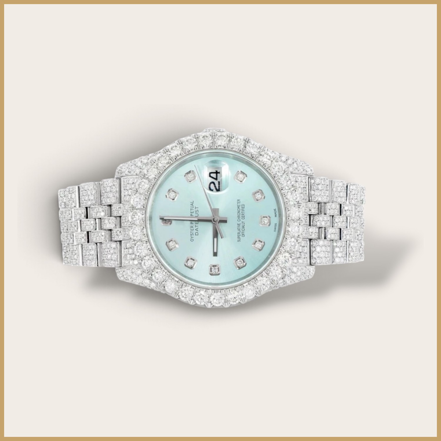 Silver Datejust watch with an ice blue dial and a fully set bracelet