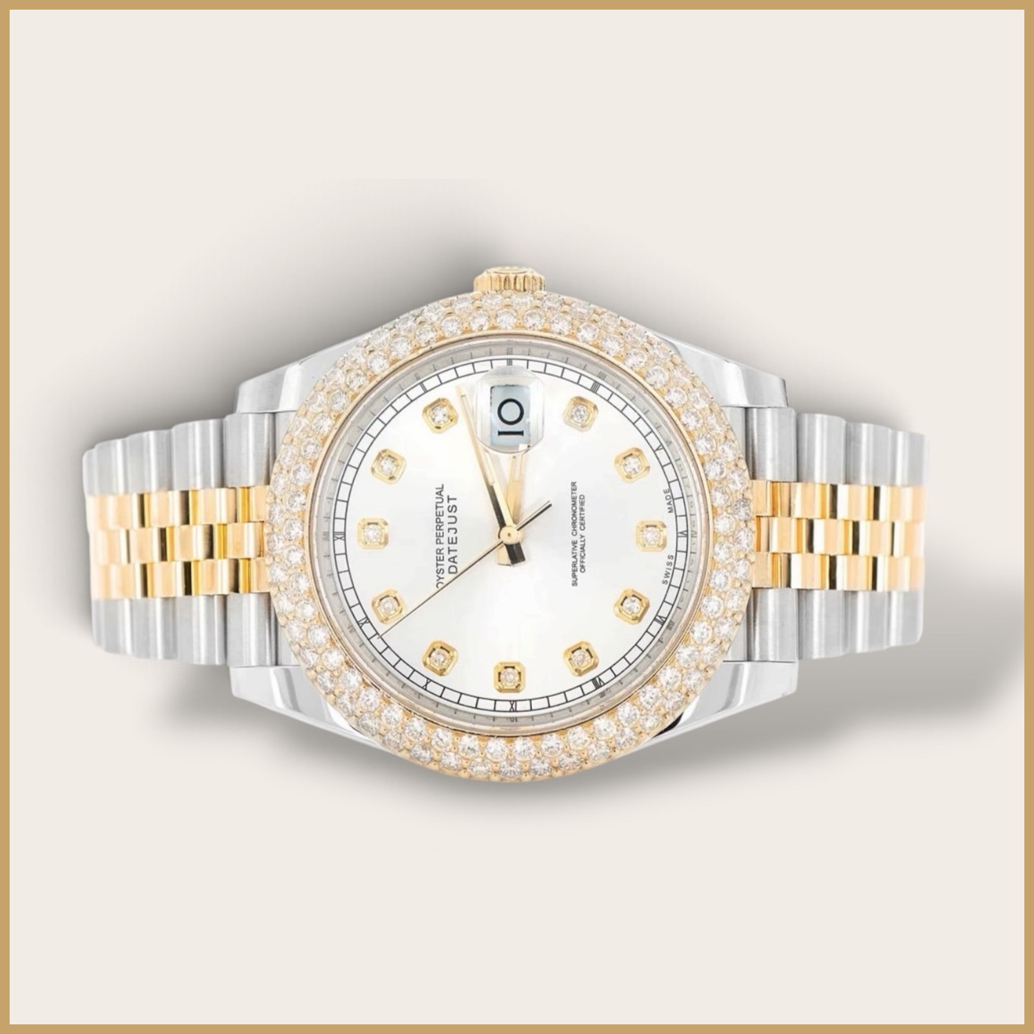 Two-tone Datejust watch with a pearl dial and a diamond bezel