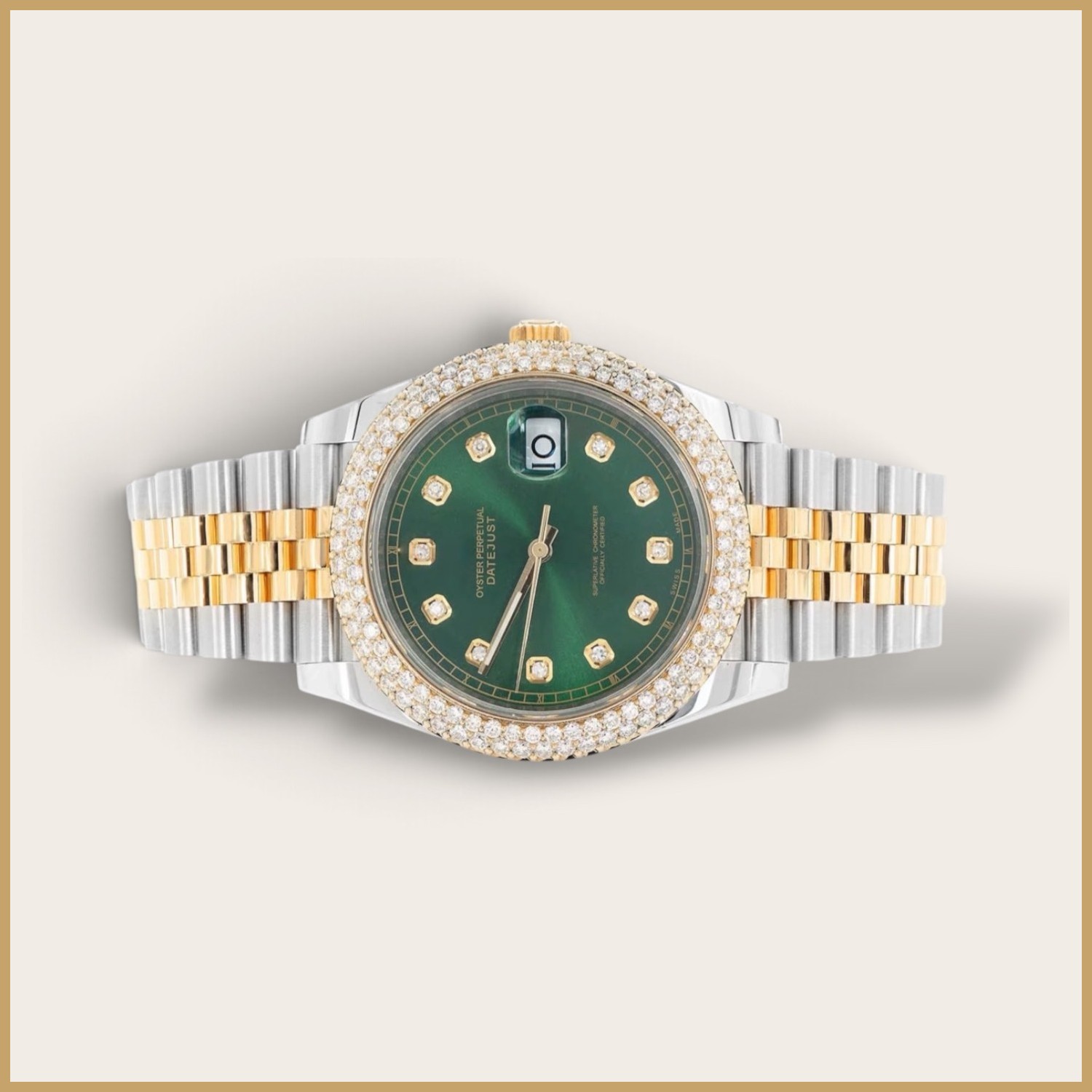 Two-tone Datejust watch with a green dial and a diamond bezel