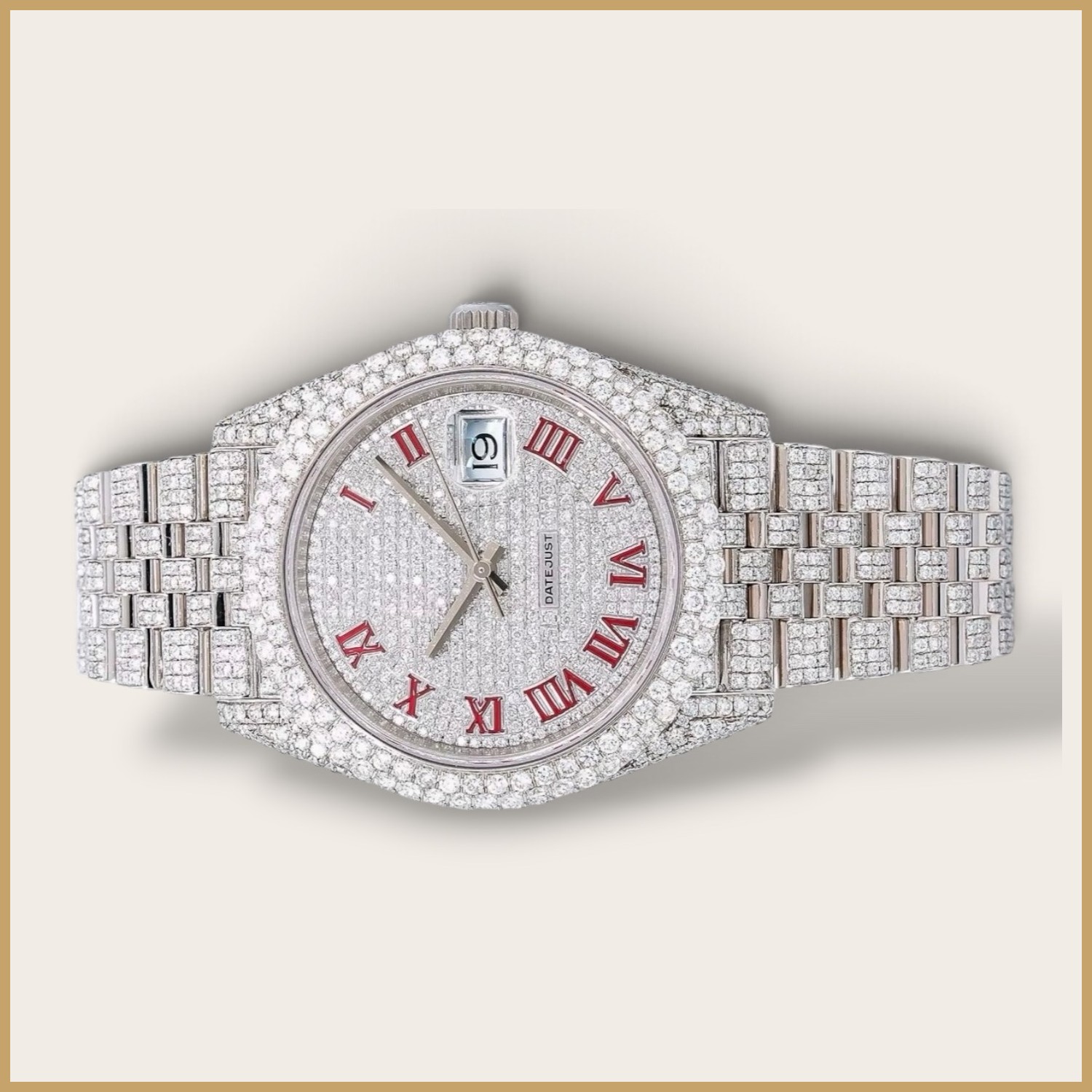 Silver Datejust watch with red Roman numerals