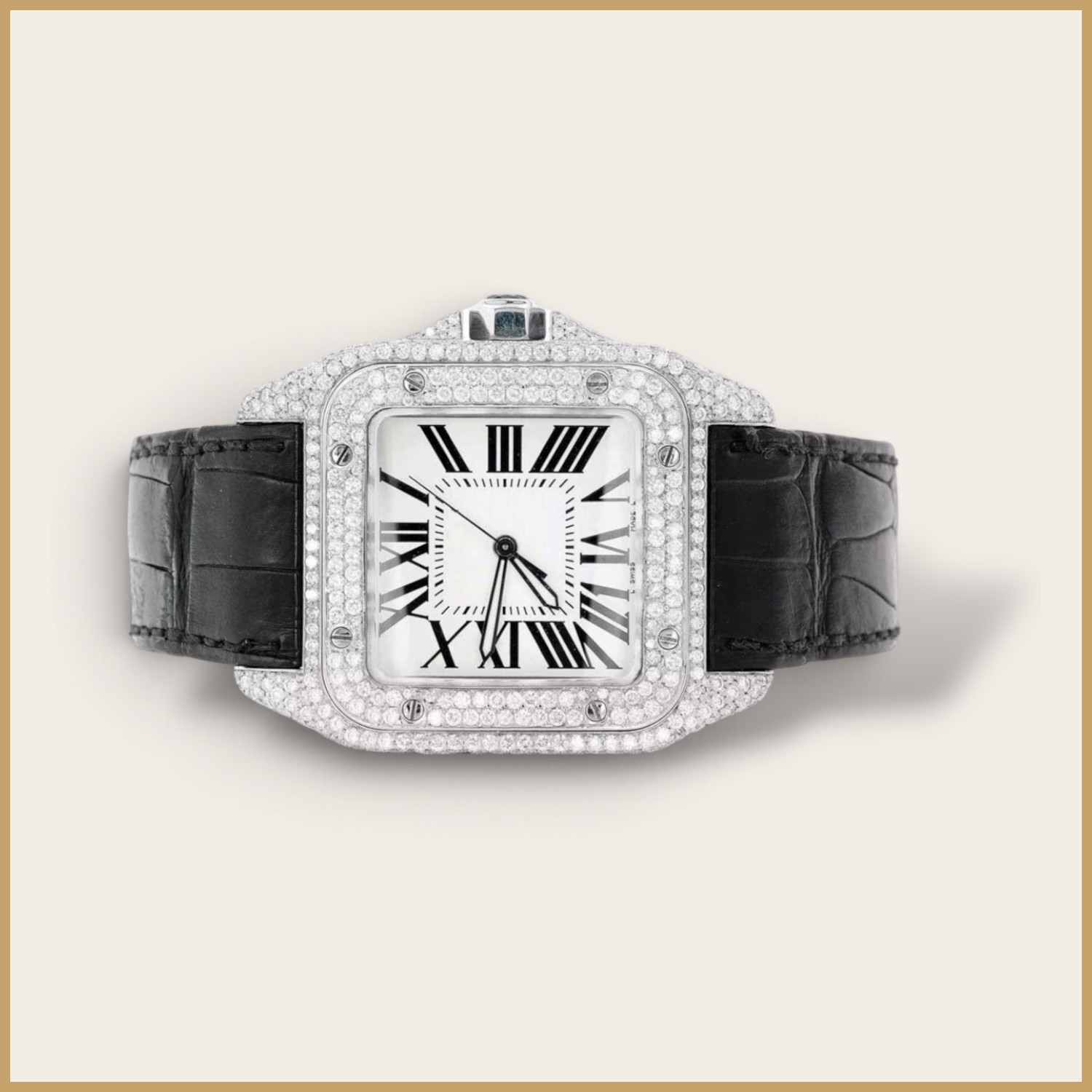Square watch with a diamond bezel, Roman numerals, and a black leather strap