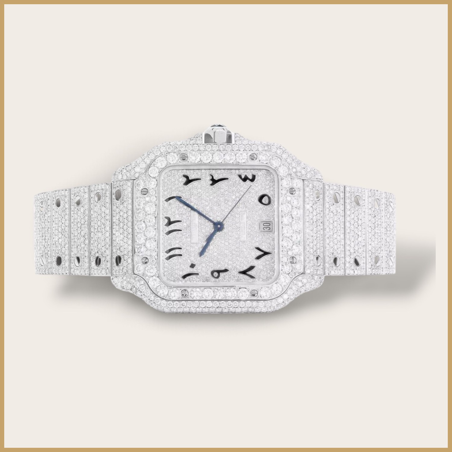 Fully set silver square watch with Arabic numerals
