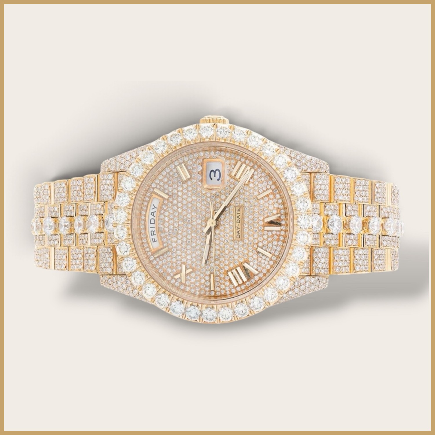 Gold tone Day-Date watch with a pavé dial