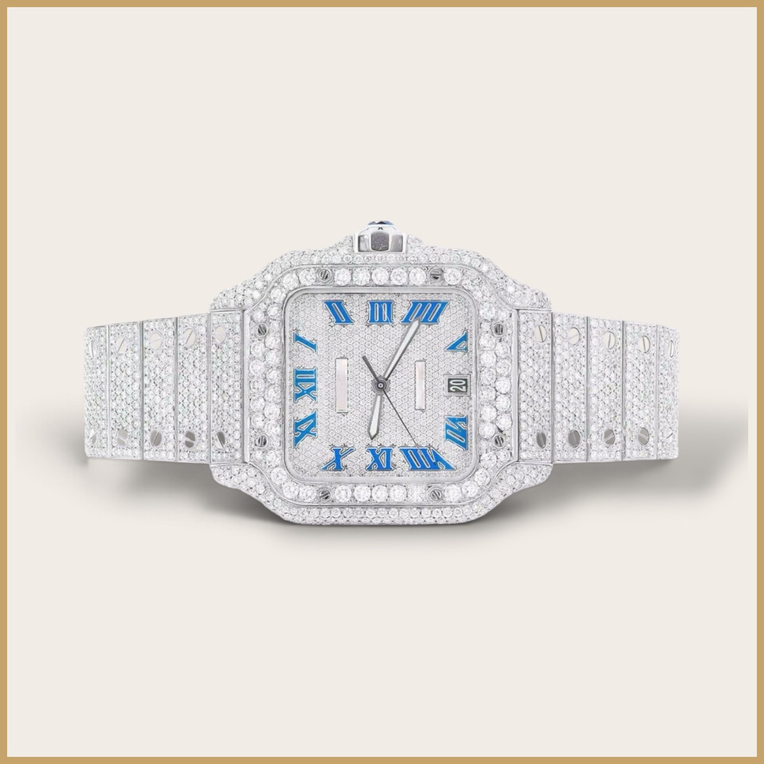 Silver square watch with blue Roman numerals