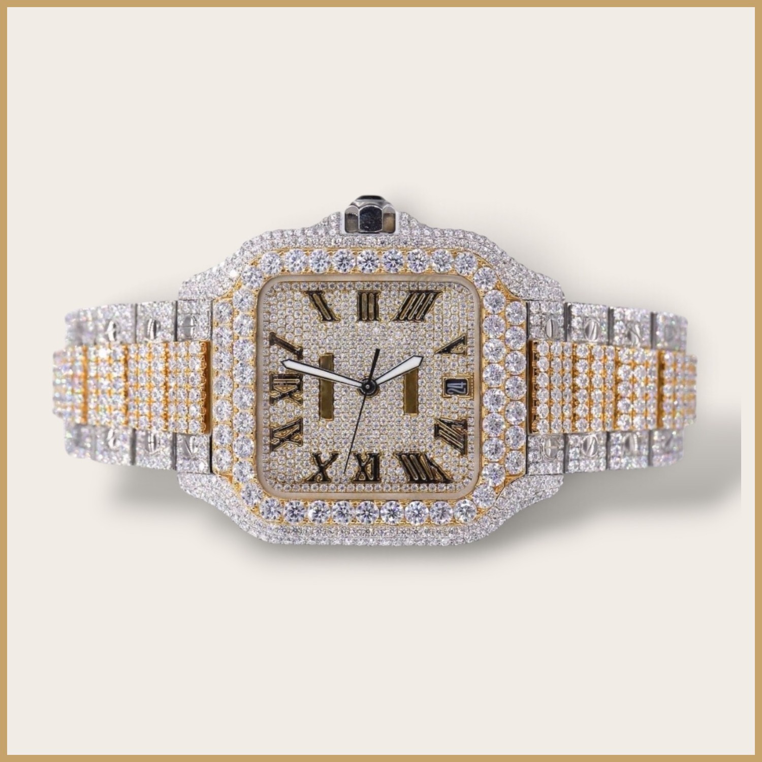 Two-tone square watch with Roman numerals and a pavé dial