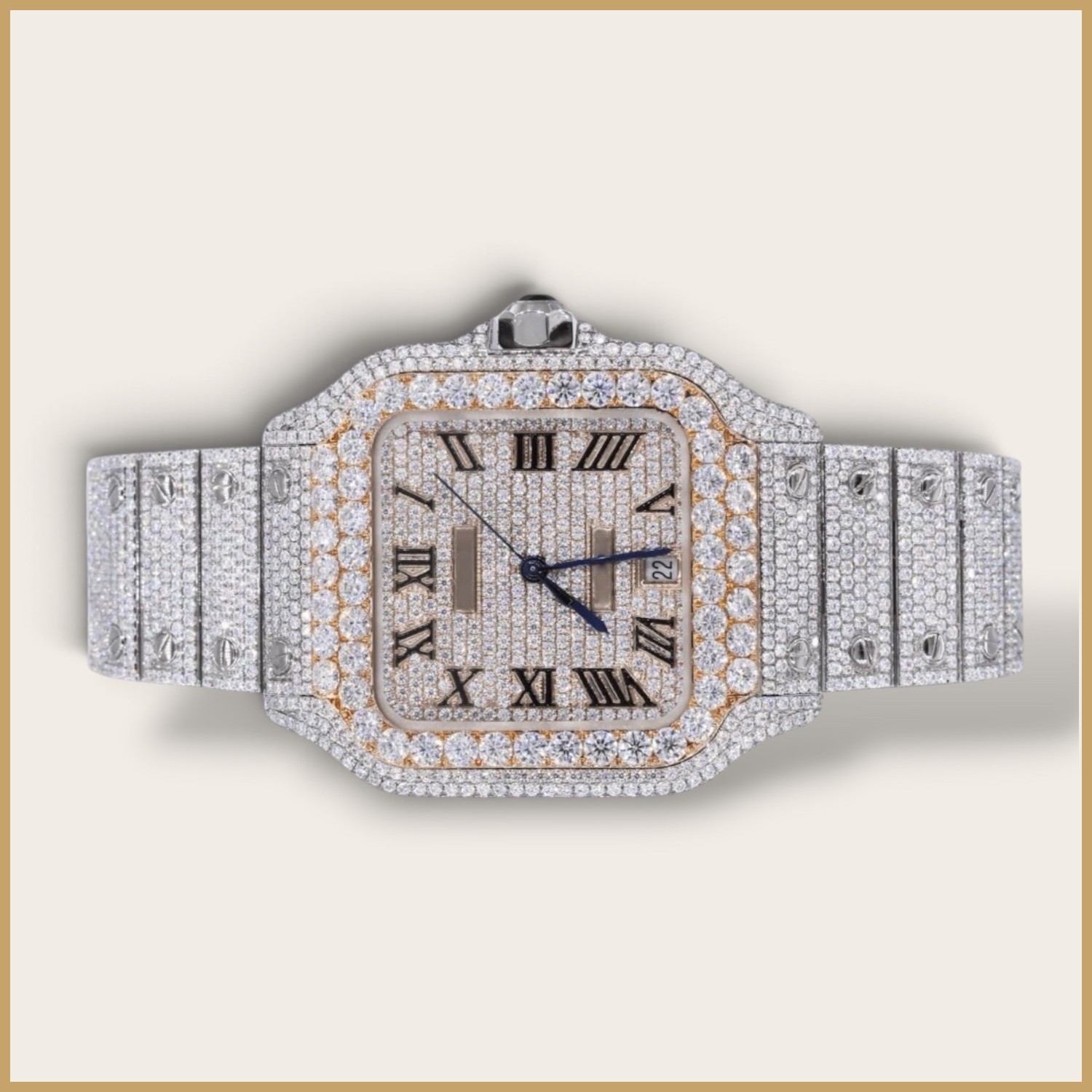 Square watch with a rose gold tone bezel and Roman numerals