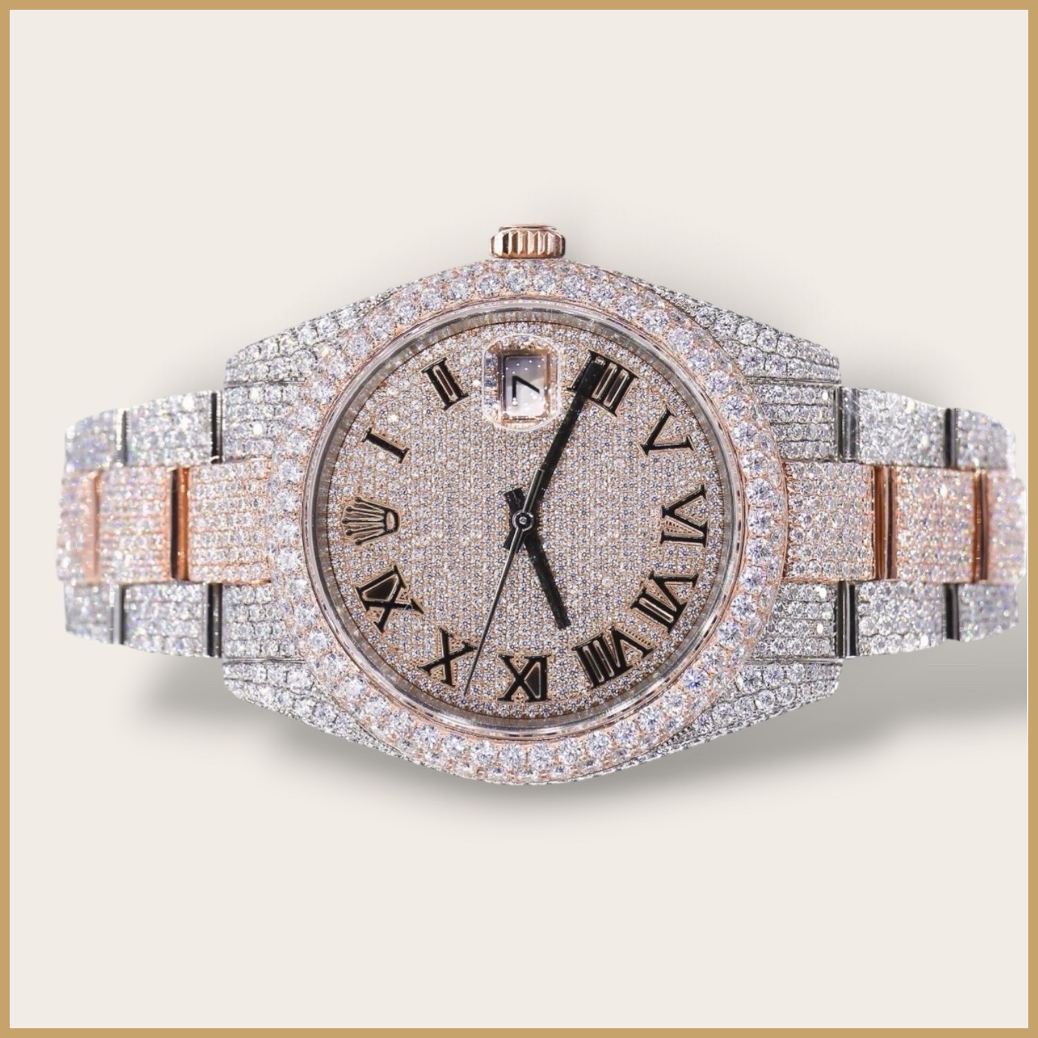 Two-tone watch with a pavé dial and Roman numerals