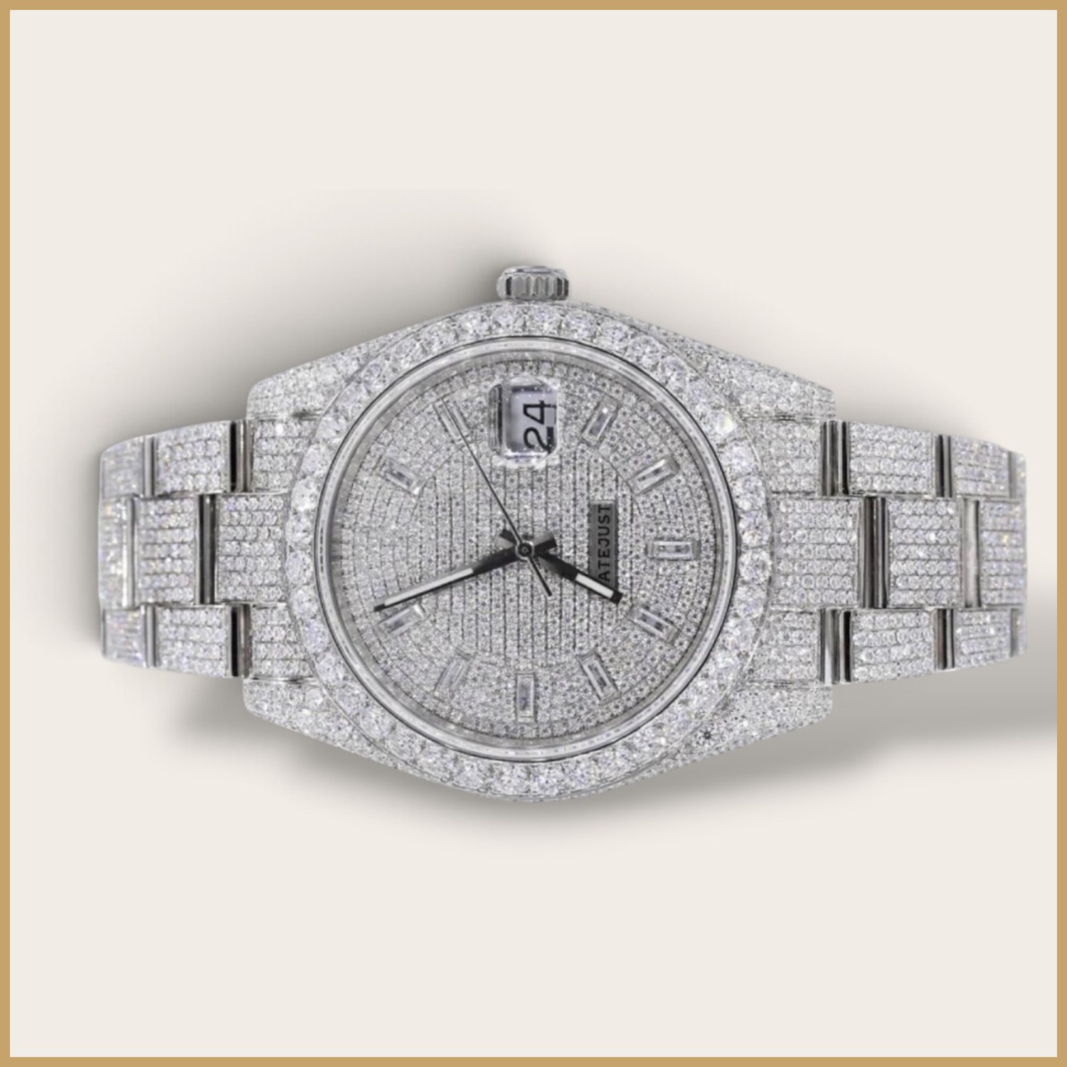 Silver Datejust watch with baguette hour markers