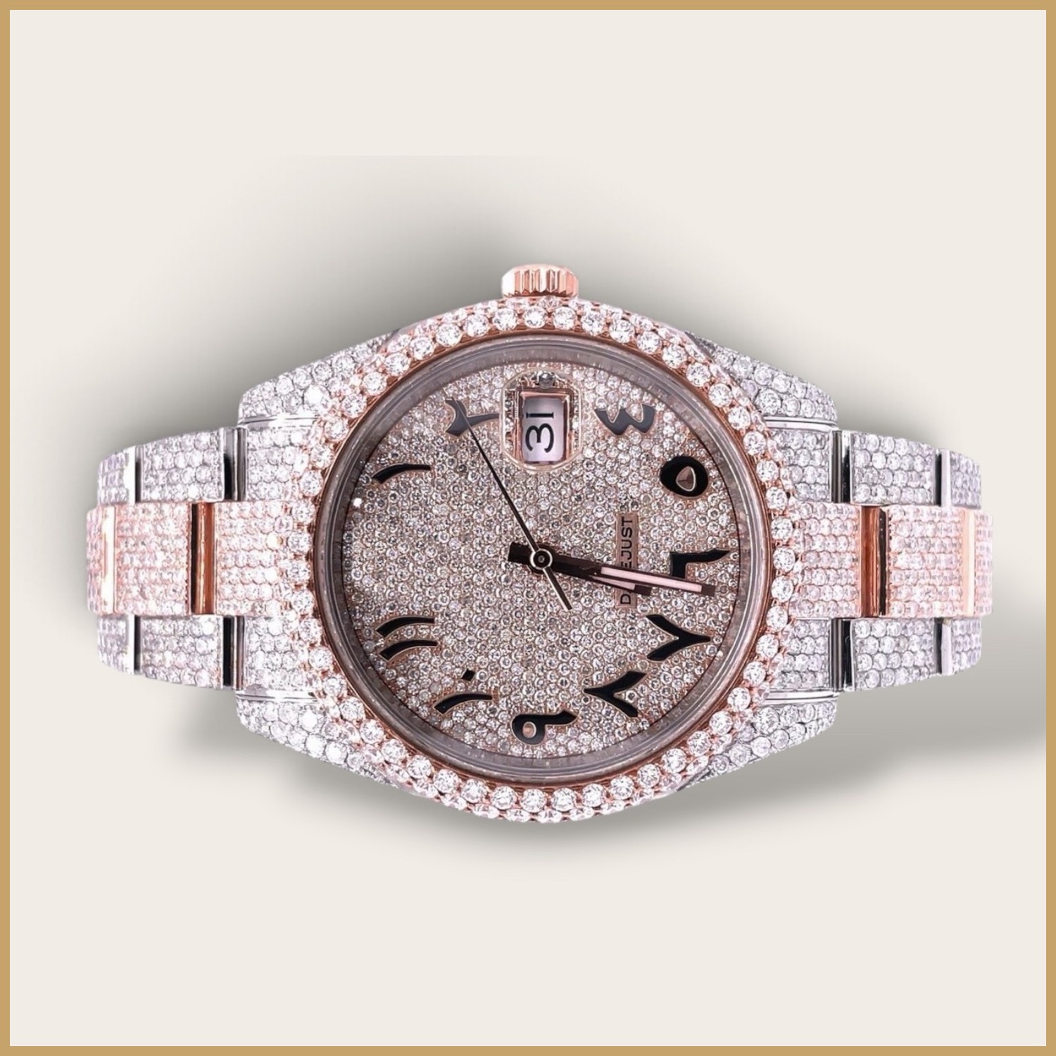 Two-tone Datejust watch with Arabic numerals on a pavé dial