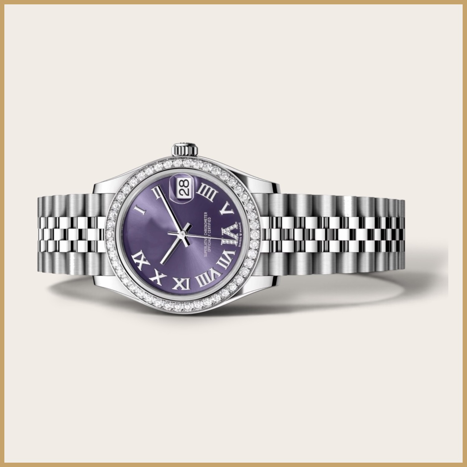 Silver watch with a purple dial, Roman numerals, and a diamond bezel