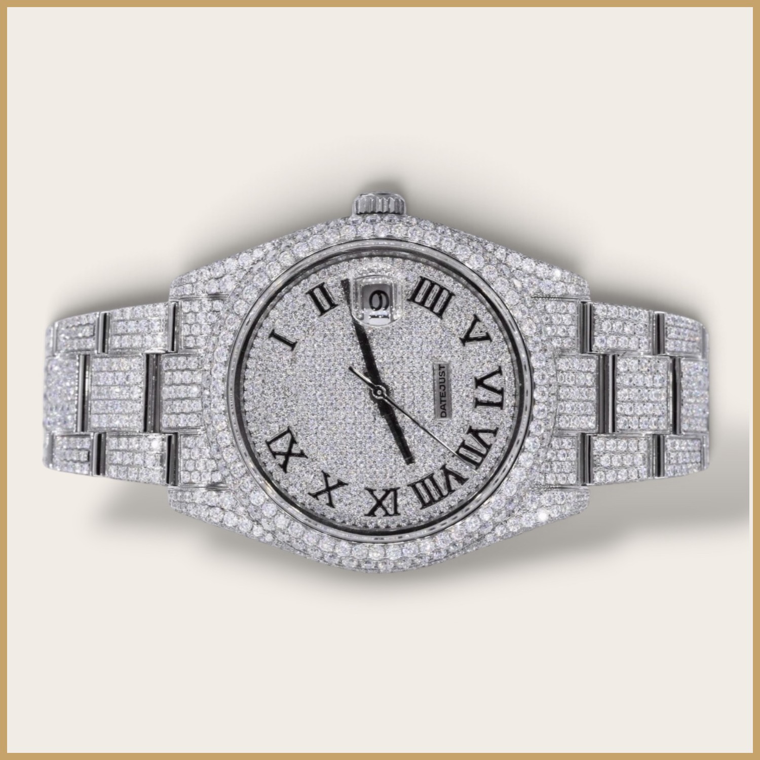 Silver Datejust watch with Roman numerals on a pavé dial