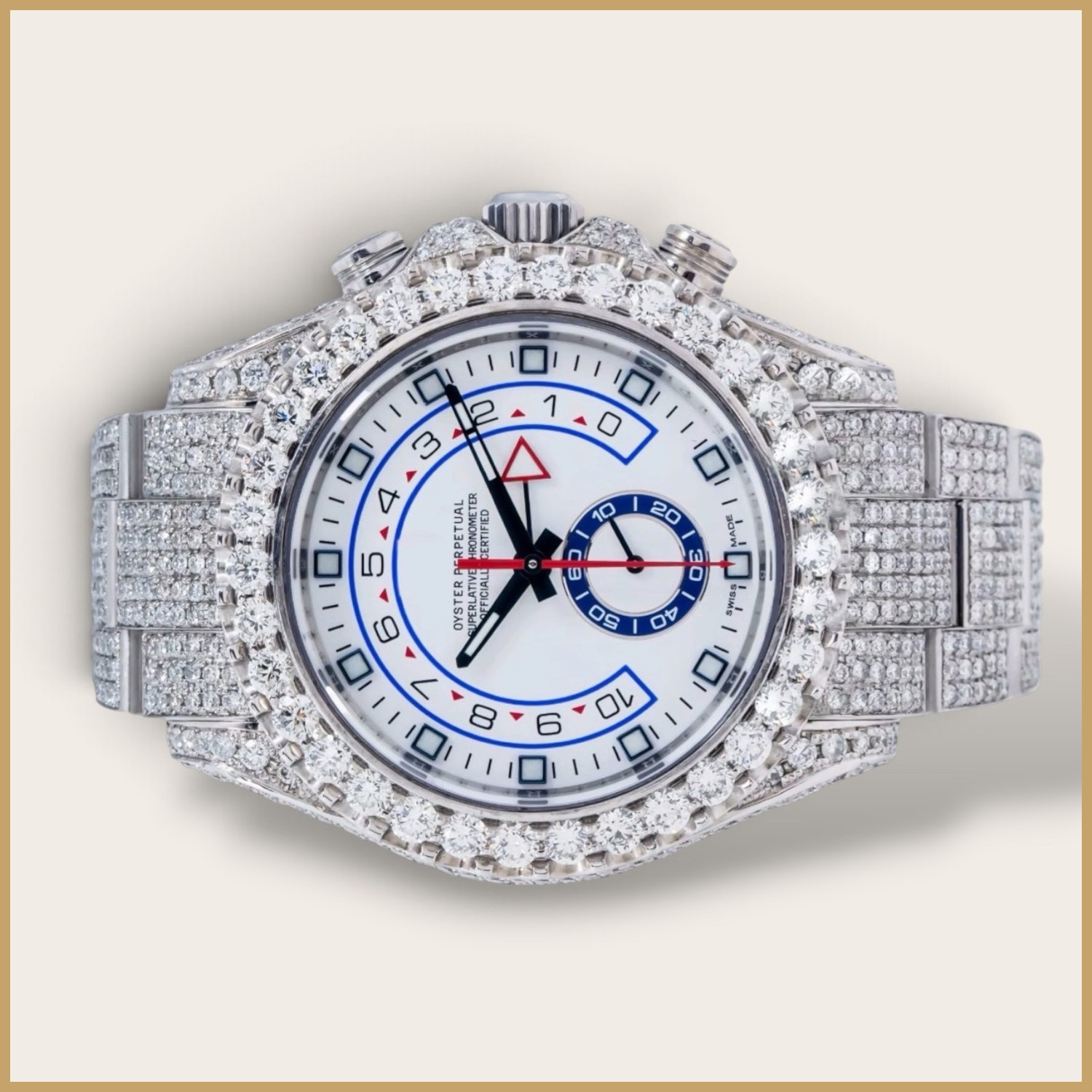 Silver chronograph with a white countdown dial