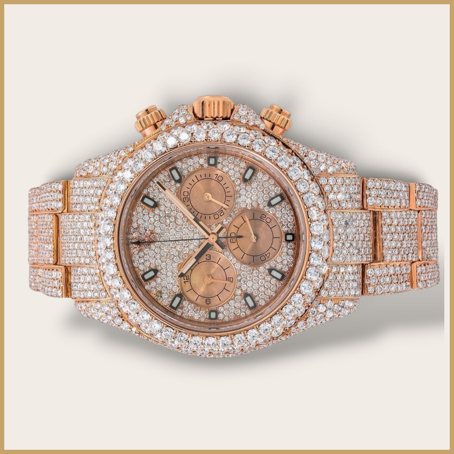 Rose gold tone chronograph with three subdials