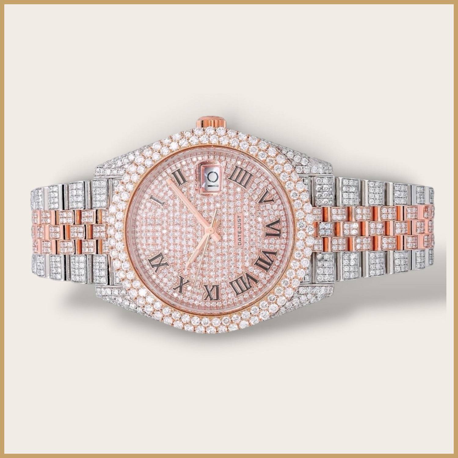 Two-tone Datejust watch with Roman numerals on a rose pavé dial