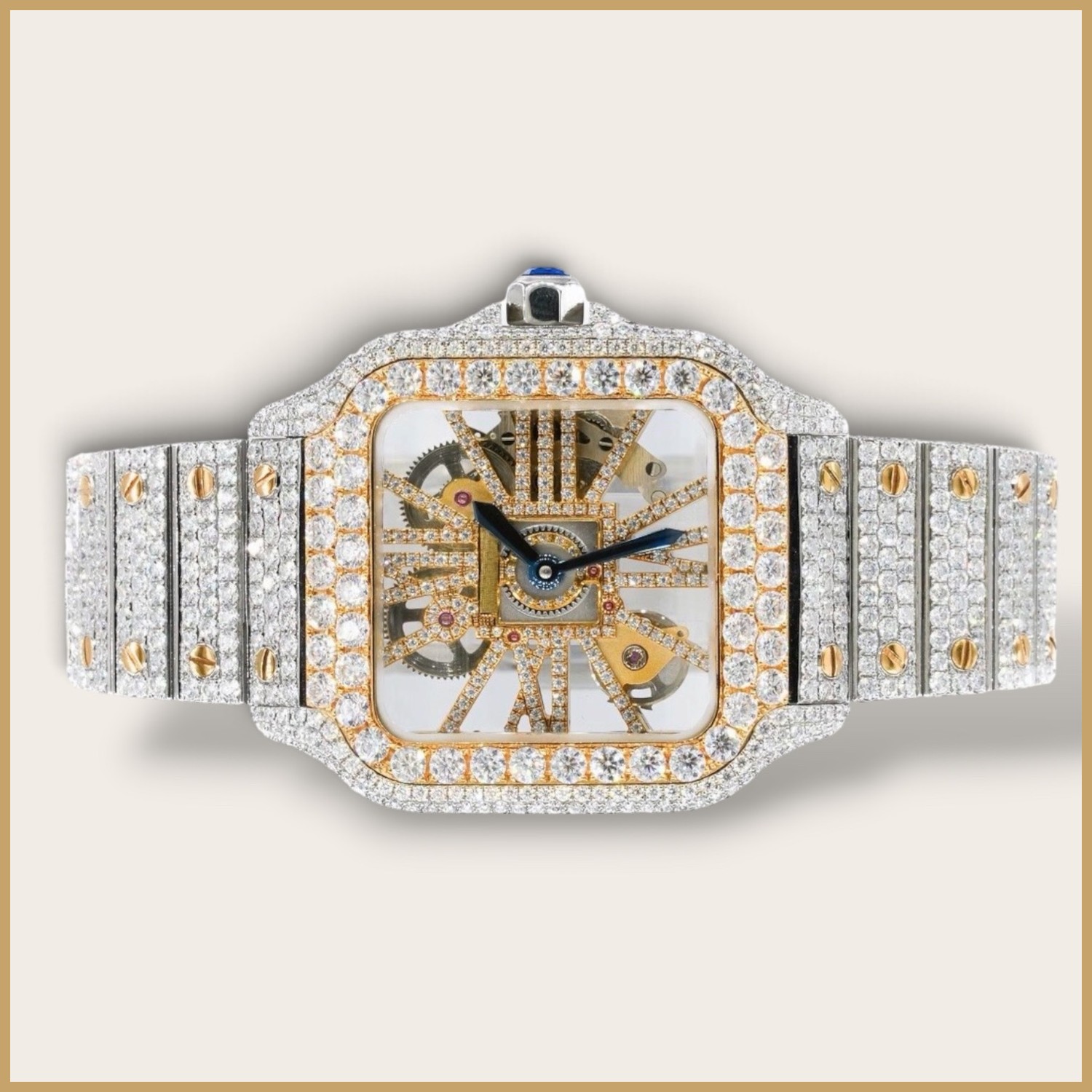 Square skeleton watch with a diamond bezel