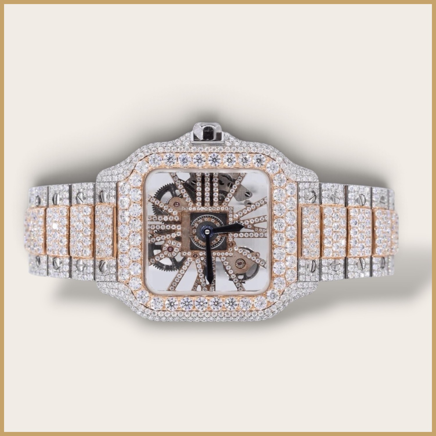 Square skeleton watch with a rose gold tone bezel