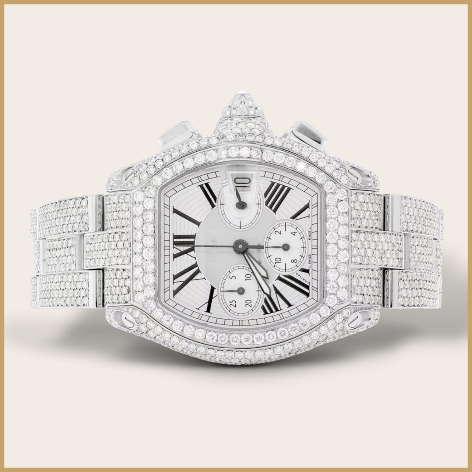Silver square chronograph with Roman numerals