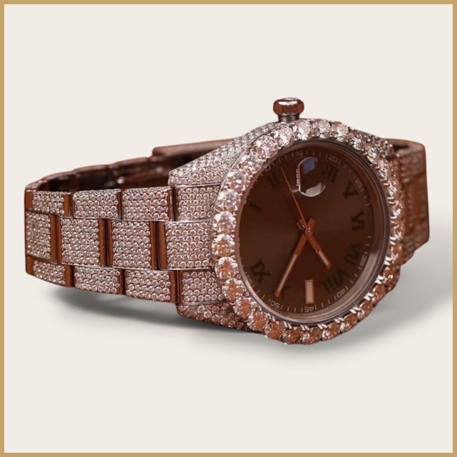 Rose gold tone watch with a brown dial and Roman numerals