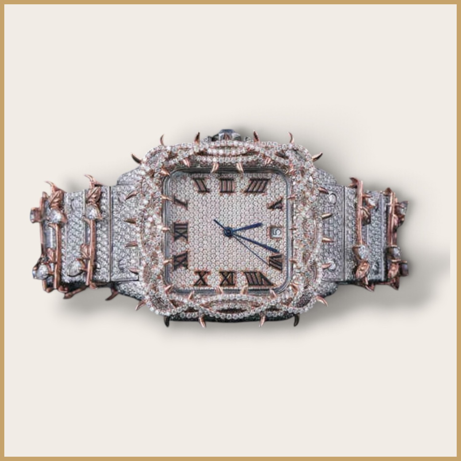 Square watch with rose gold tone spikes and Roman numerals