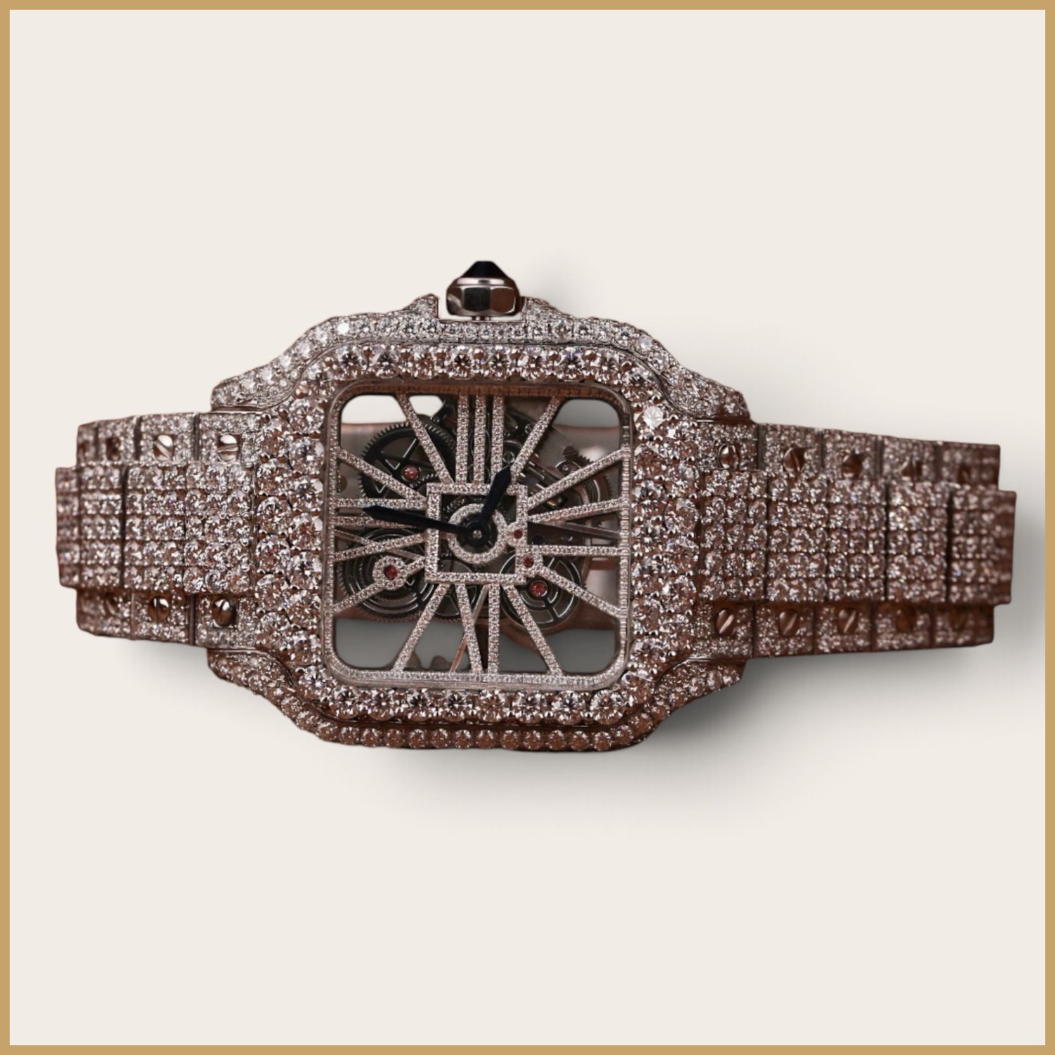 Rose gold tone square skeleton watch