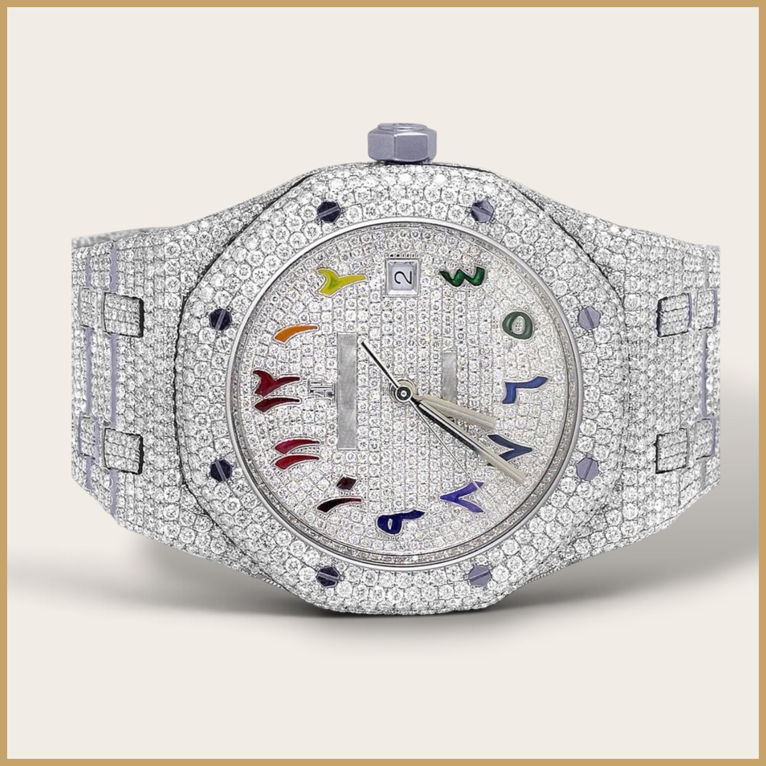 Silver octagon watch with multicolor Arabic numerals