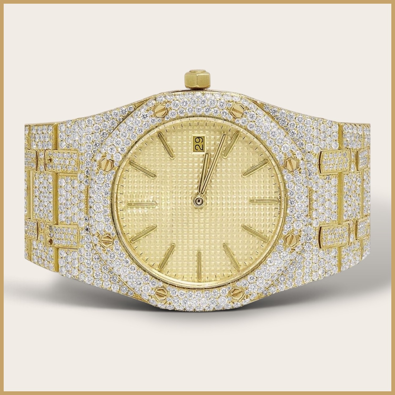 Gold tone octagon watch with a diamond bezel