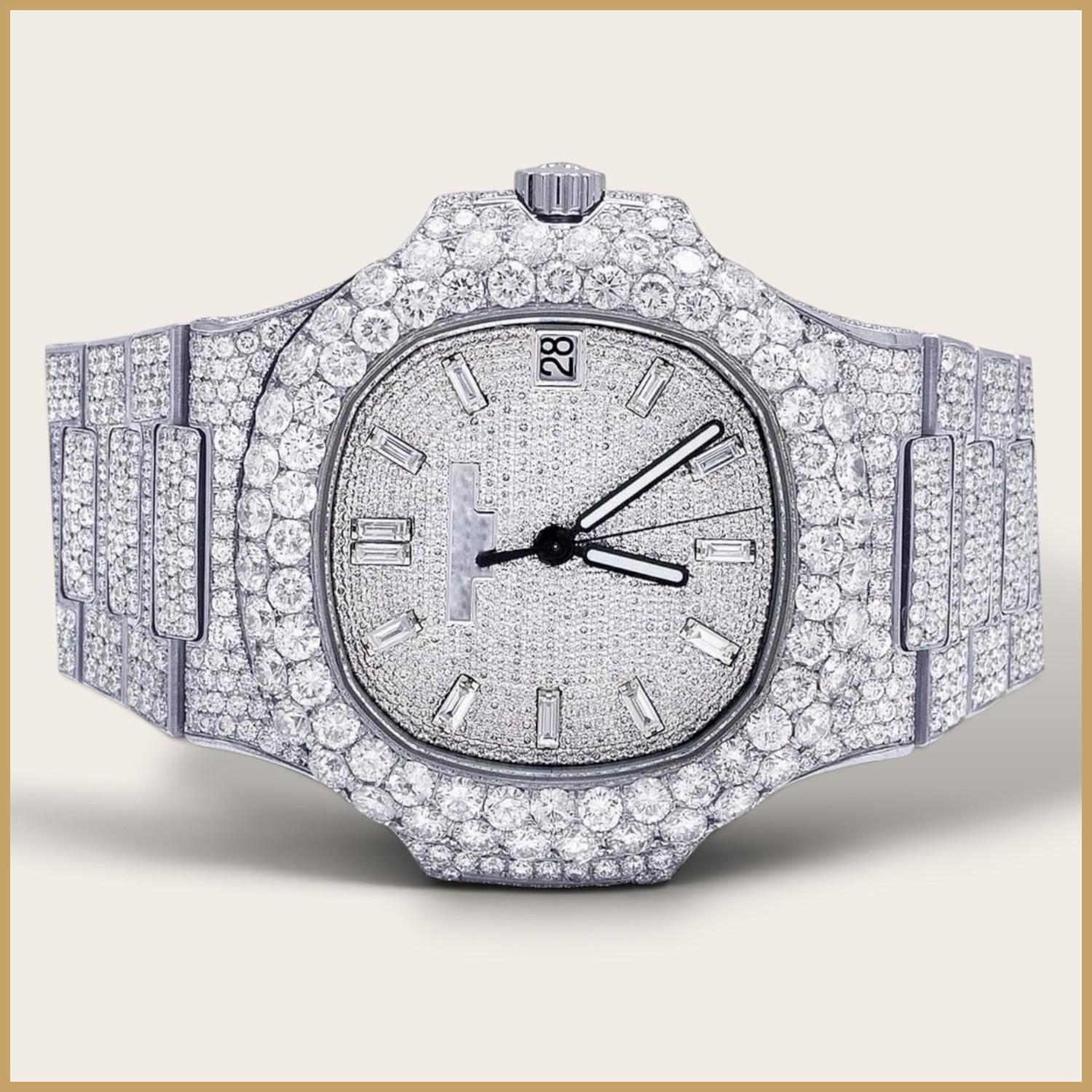 Silver cushion watch with baguette markers