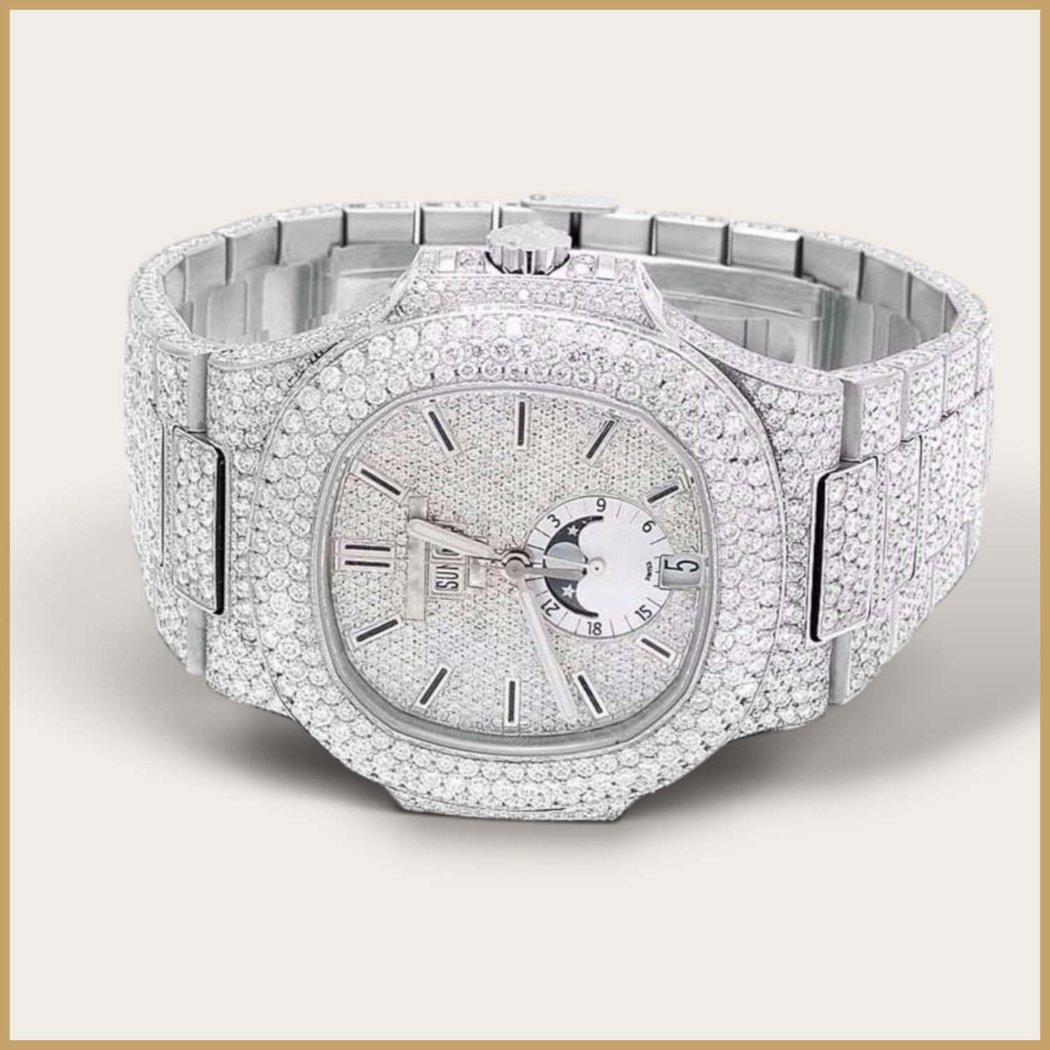 Silver watch with a moonphase and day window
