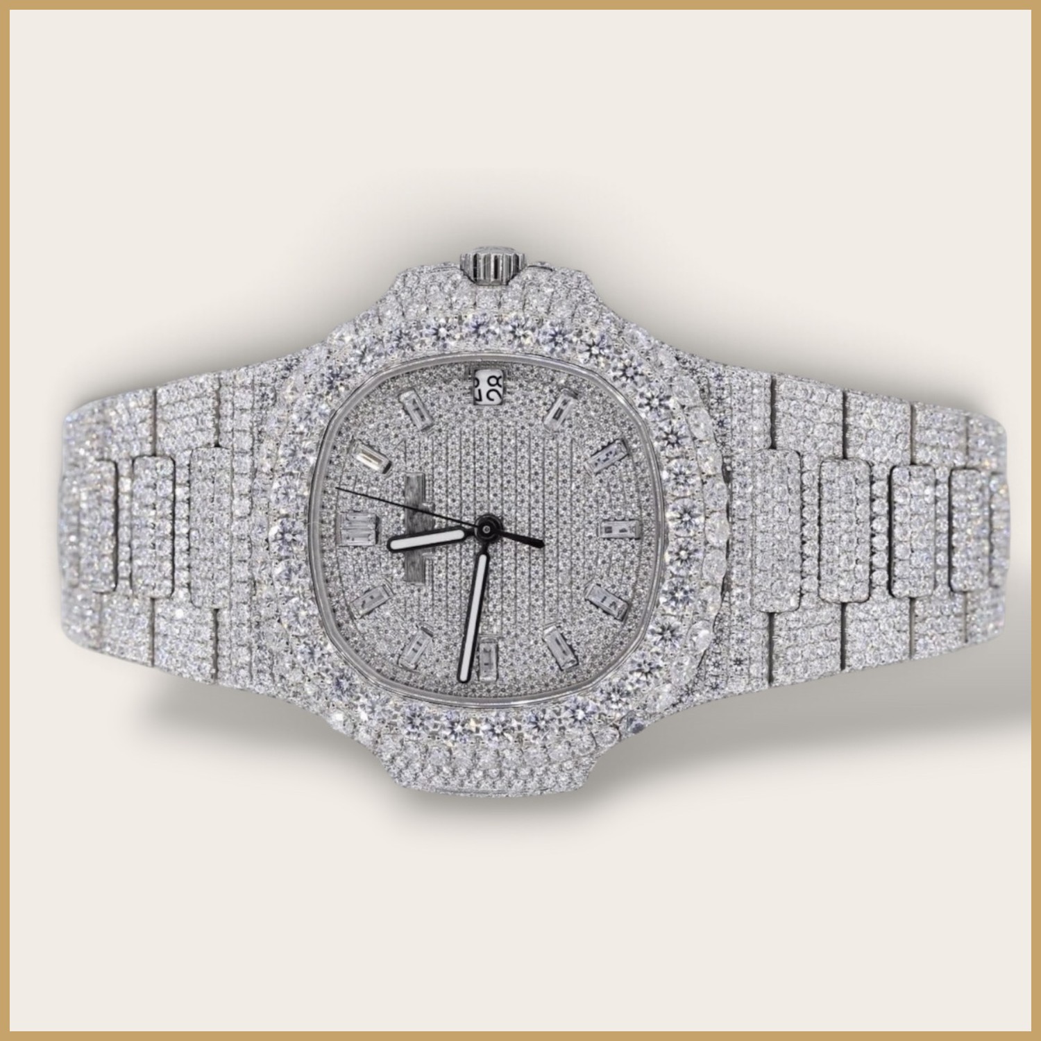 Silver cushion watch with a pavé dial and baguette markers