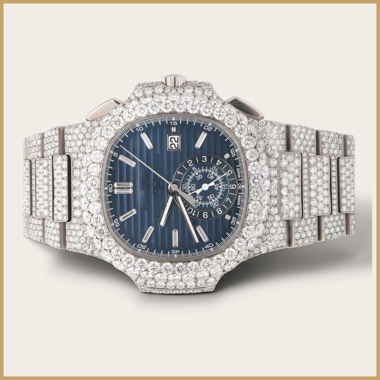Silver chronograph with a blue striped dial