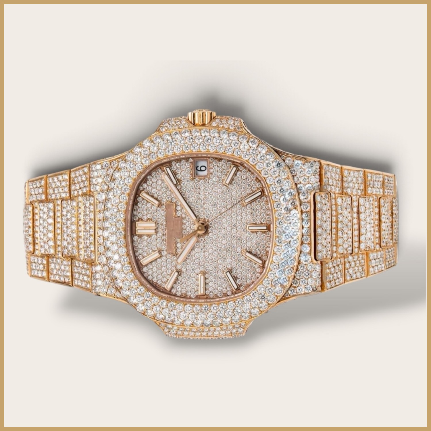 Rose gold tone watch with a pavé dial