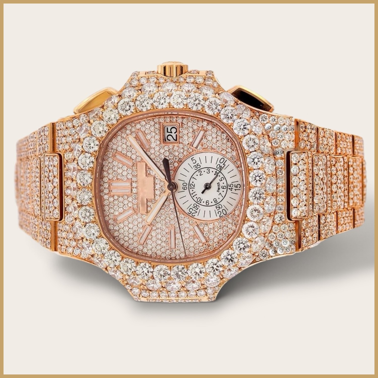 Rose gold tone chronograph with a pavé dial