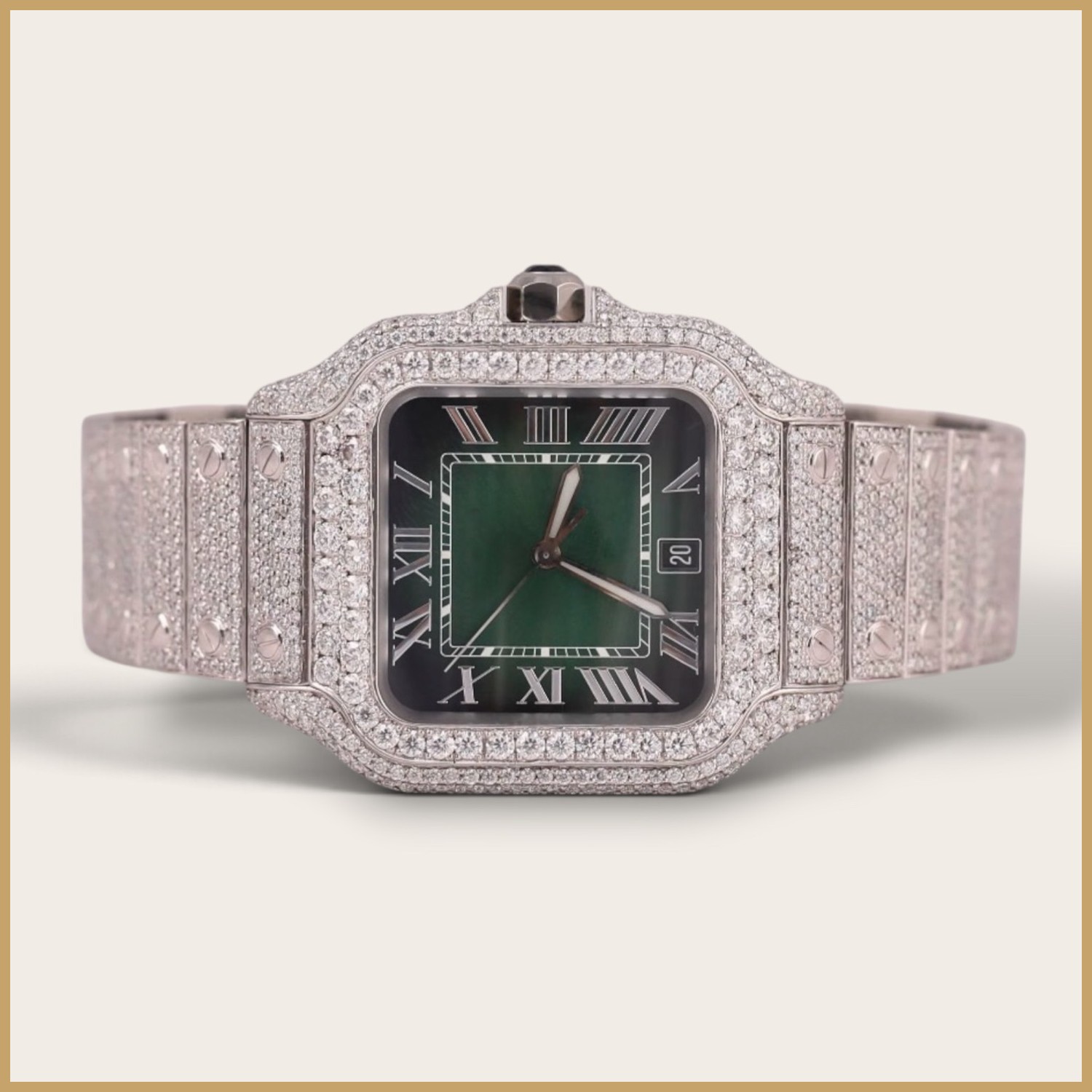 Silver square watch with a green Roman dial