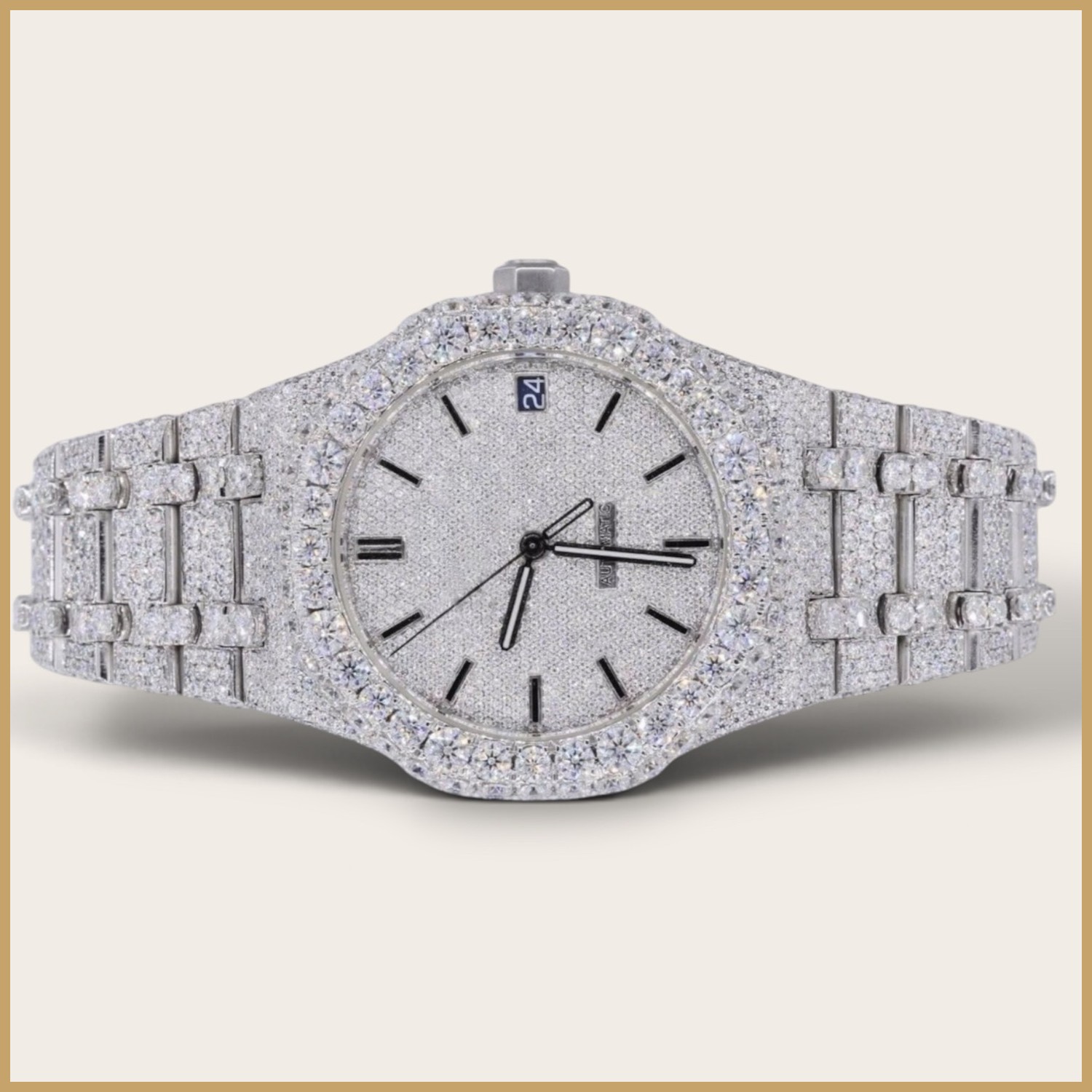 Silver automatic watch with a pavé dial
