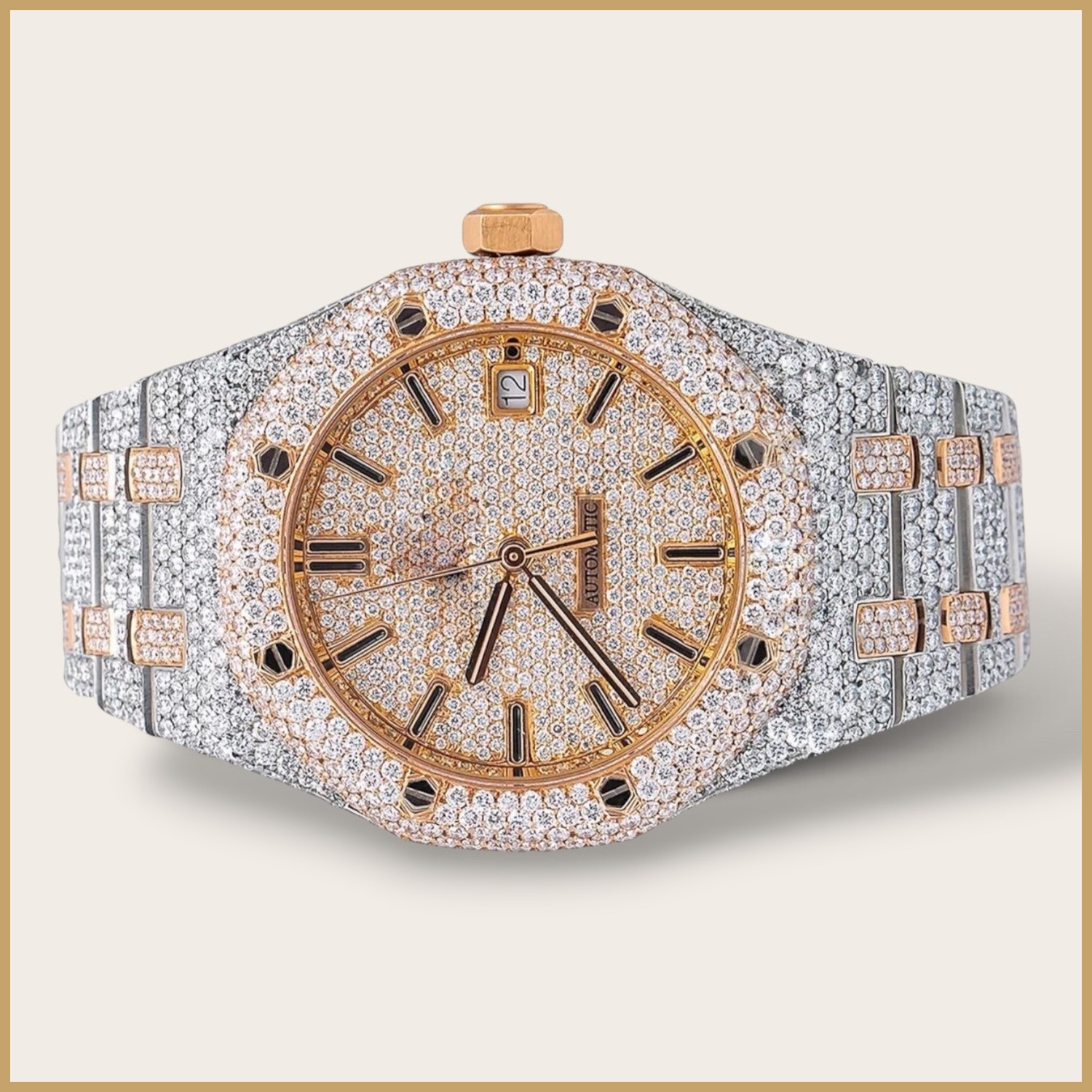 Two-tone automatic watch with a gold pavé dial