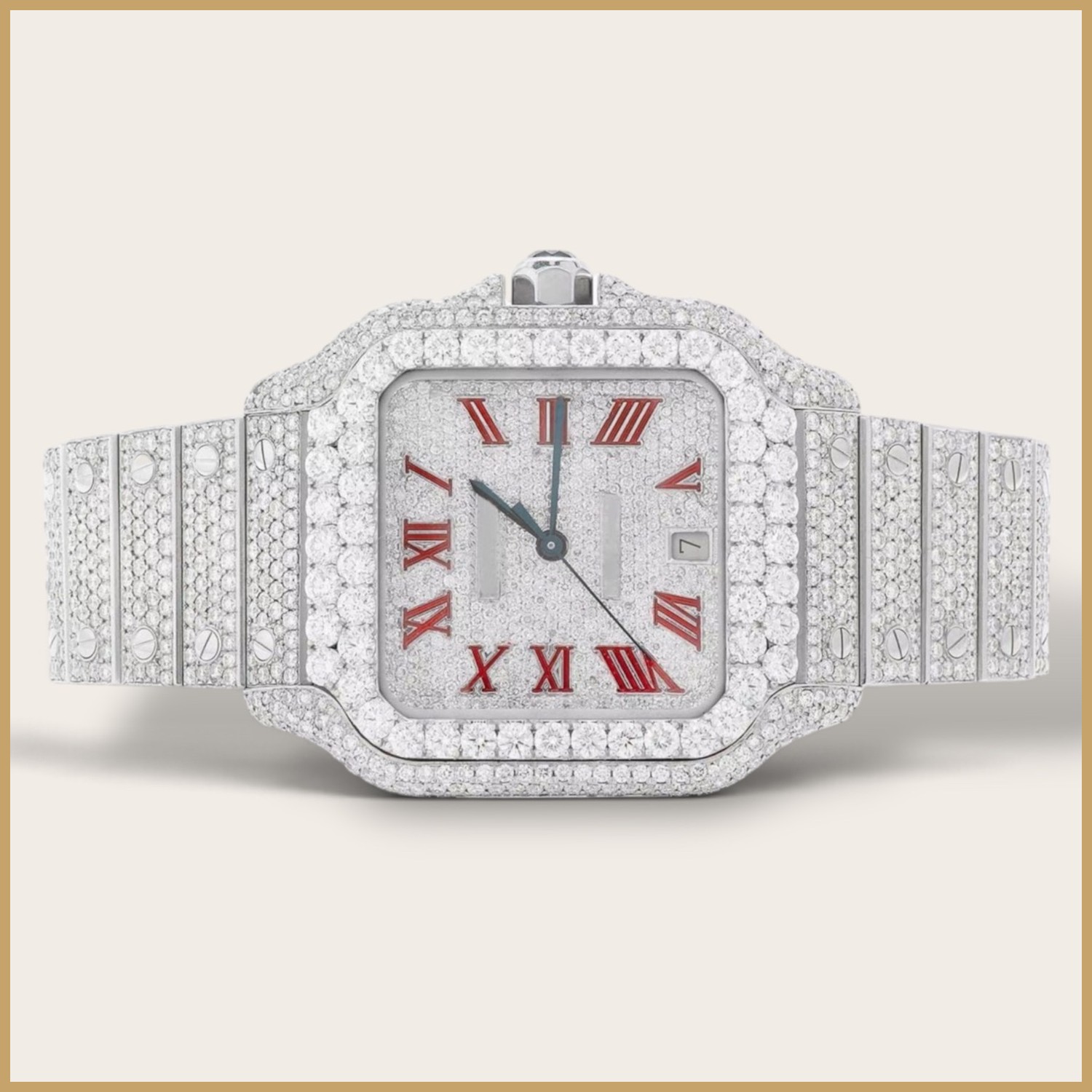 Silver square watch with red Roman numerals