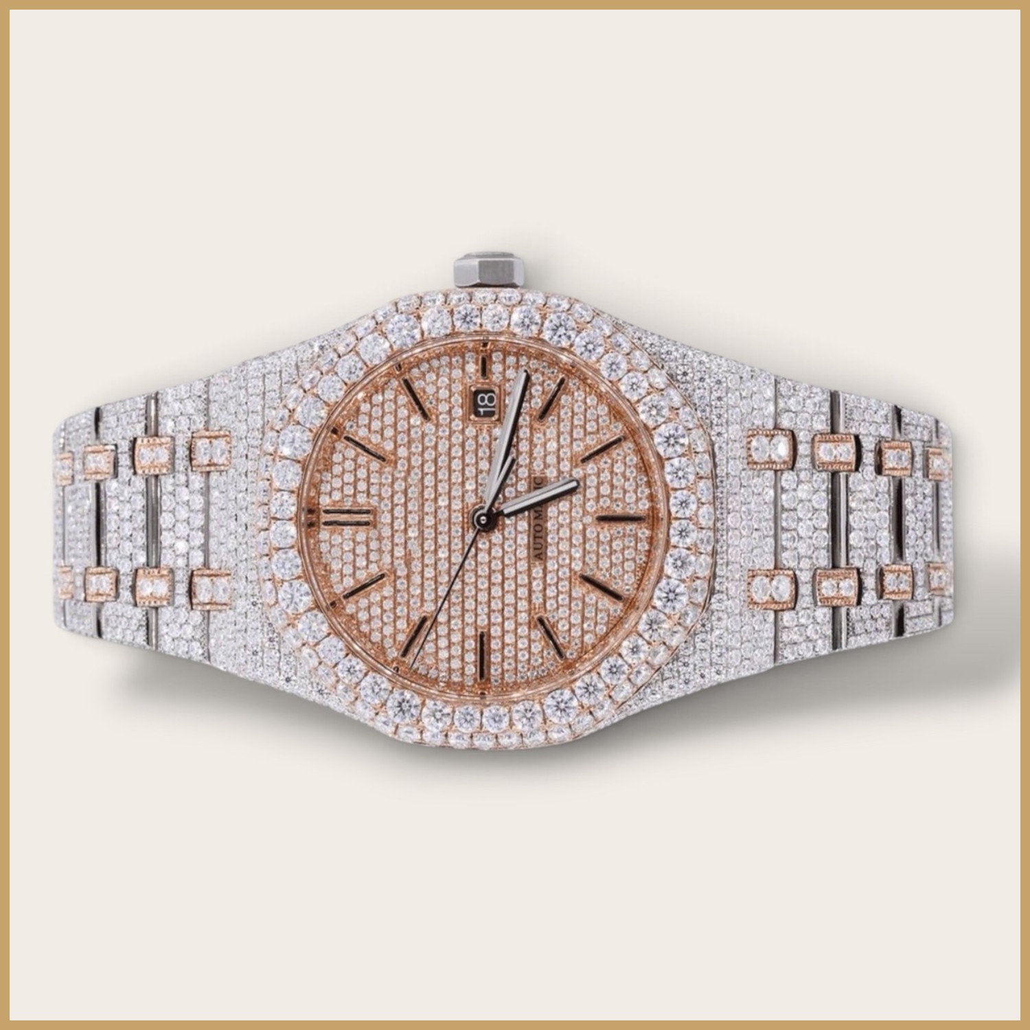 Two-tone automatic watch with a rose pavé dial