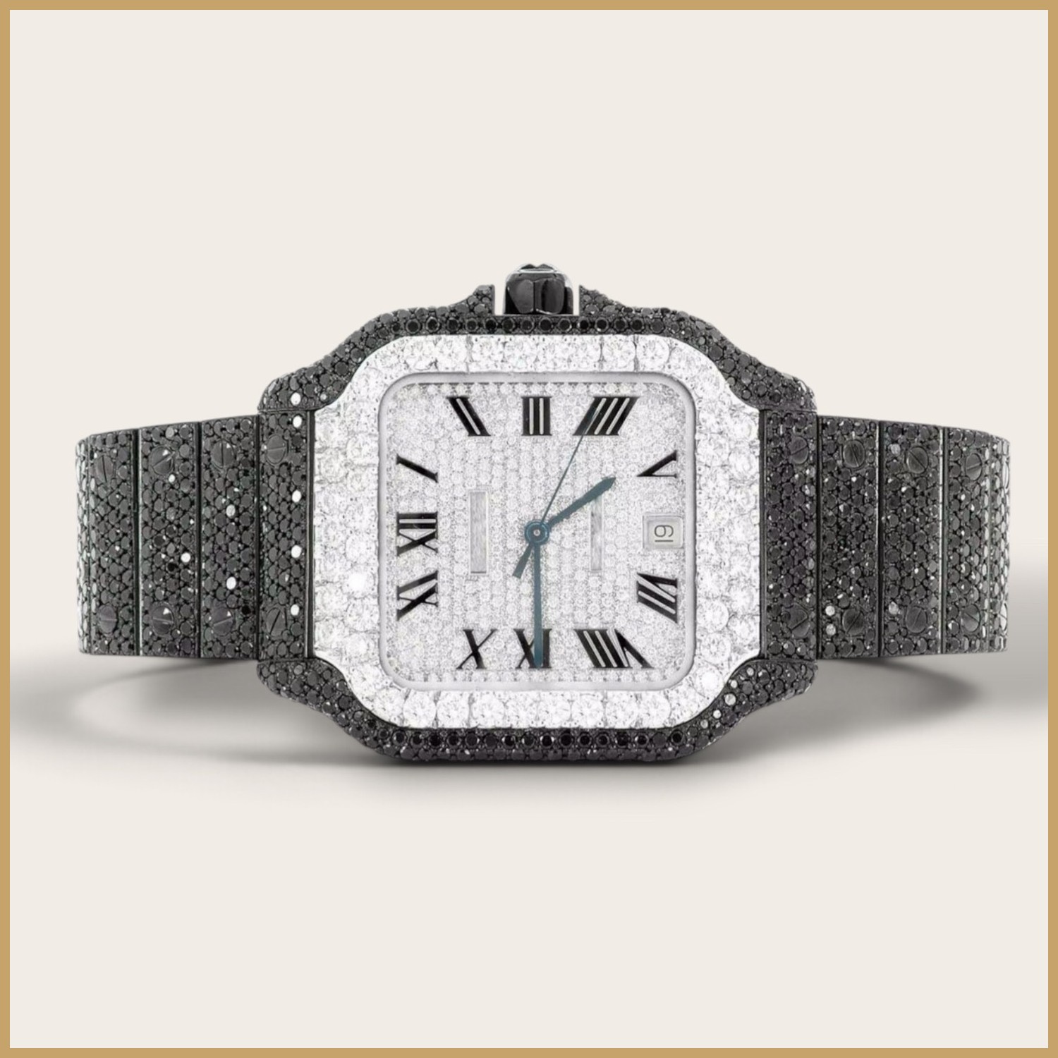 Square watch with a black stone bezel and Roman numerals