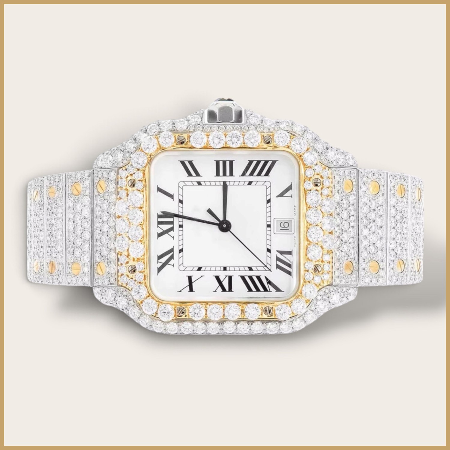 Two-tone square watch with a white Roman dial